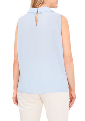 Plus Sleeveless Dot Trim Collared Blouse