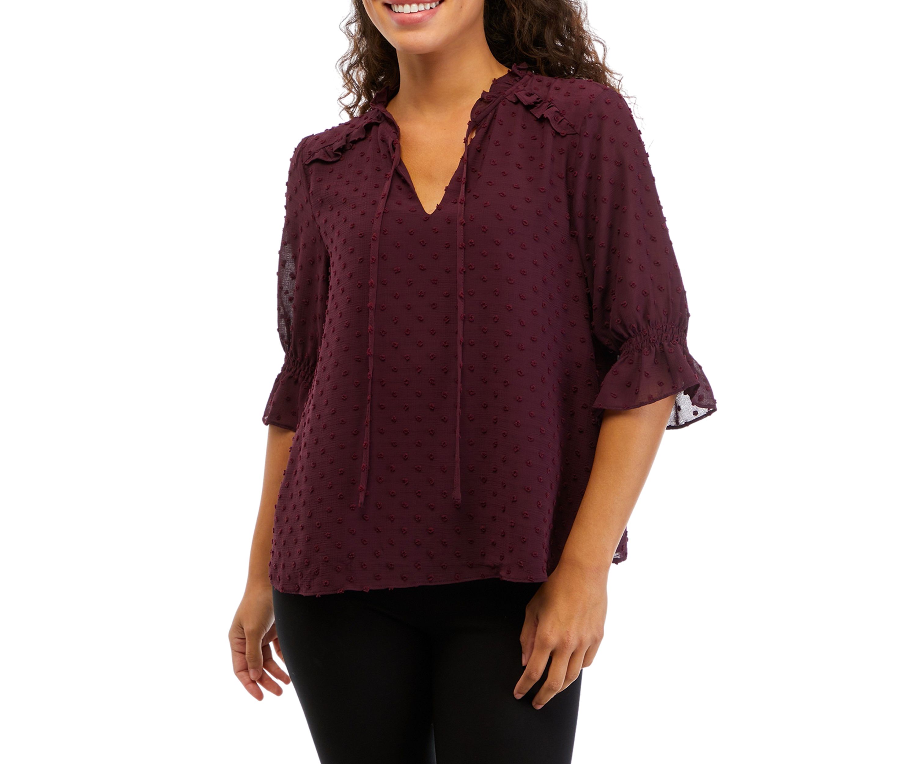 Petite 3/4 Sleeve Tie Neck Clip Dot Blouse