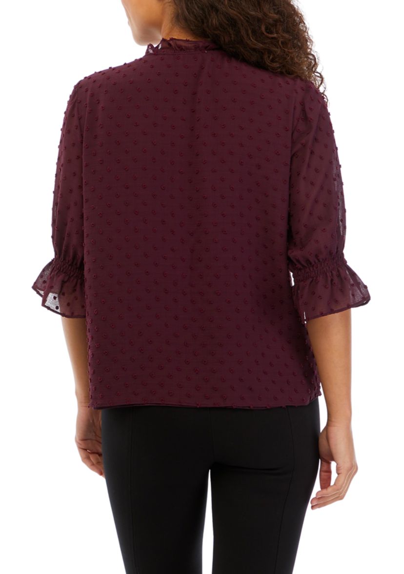 Petite 3/4 Sleeve Tie Neck Clip Dot Blouse
