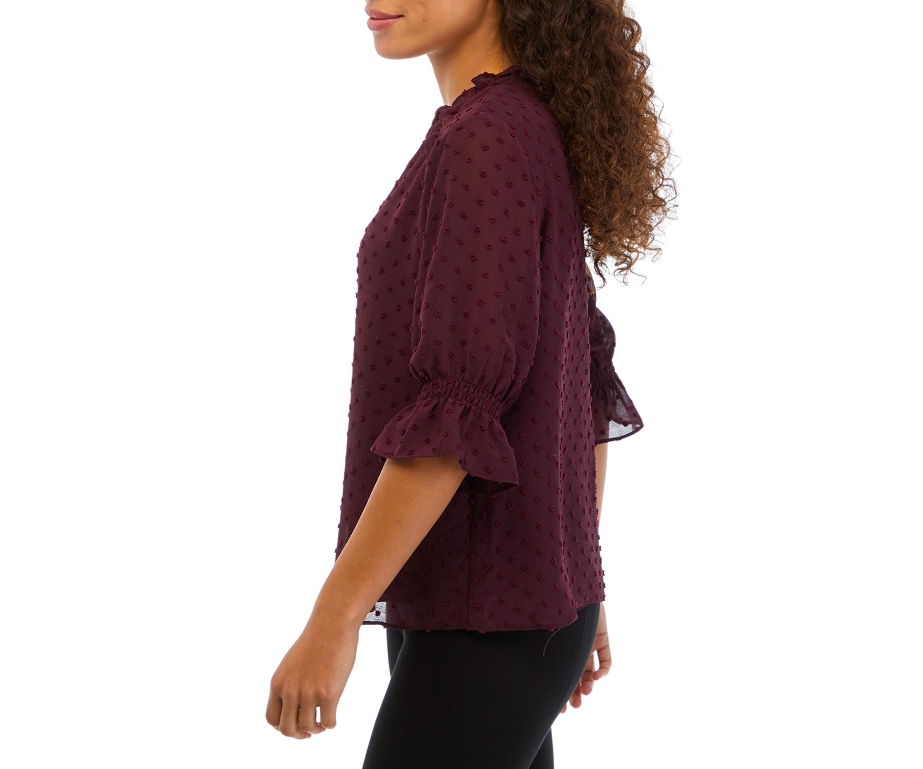 Petite 3/4 Sleeve Tie Neck Clip Dot Blouse