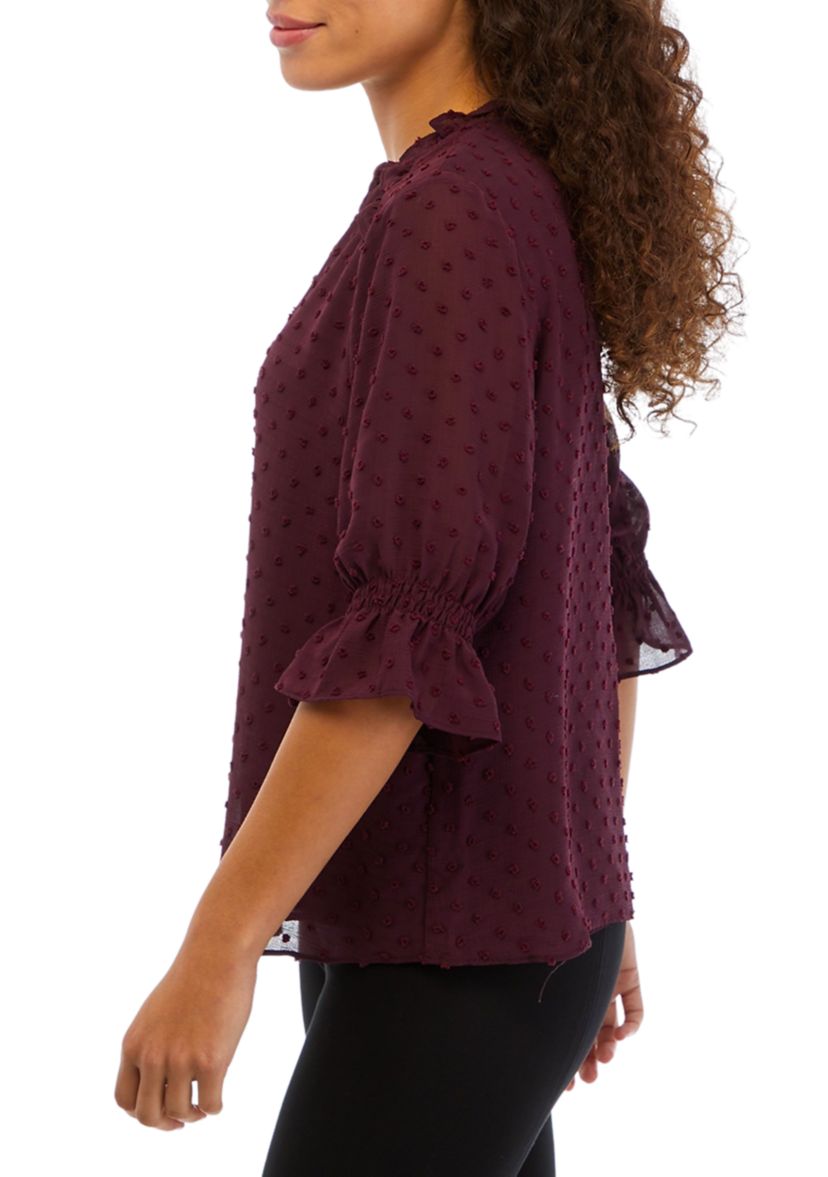 Petite 3/4 Sleeve Tie Neck Clip Dot Blouse