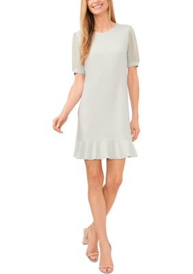 CeCe Women's Petite Crew Neck Short Sleeve Dress with Flounce Seam, Sage, PS -  0197123685785