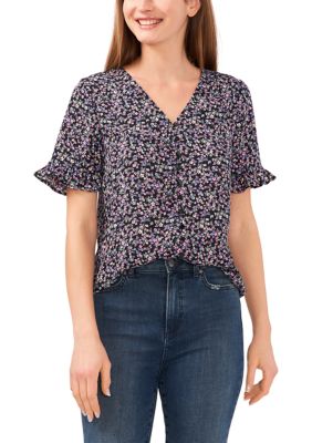 Petite V-Neck Floral Flutter Sleeve Button Up Top