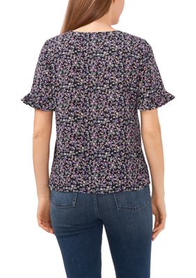 Petite V-Neck Floral Flutter Sleeve Button Up Top