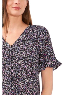 Petite V-Neck Floral Flutter Sleeve Button Up Top