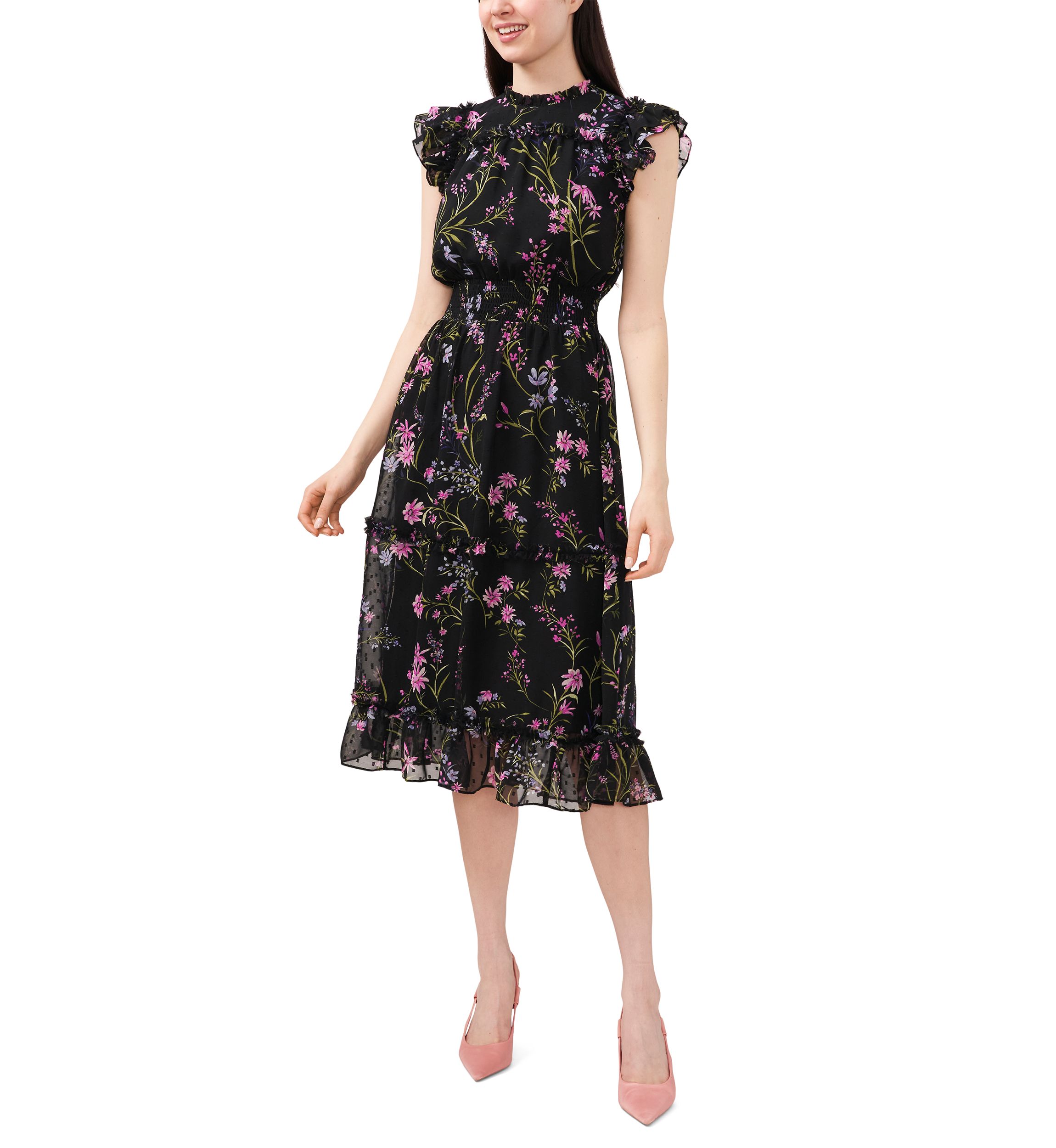 Petite Flutter Sleeve Floral Ruffle Neck Dress