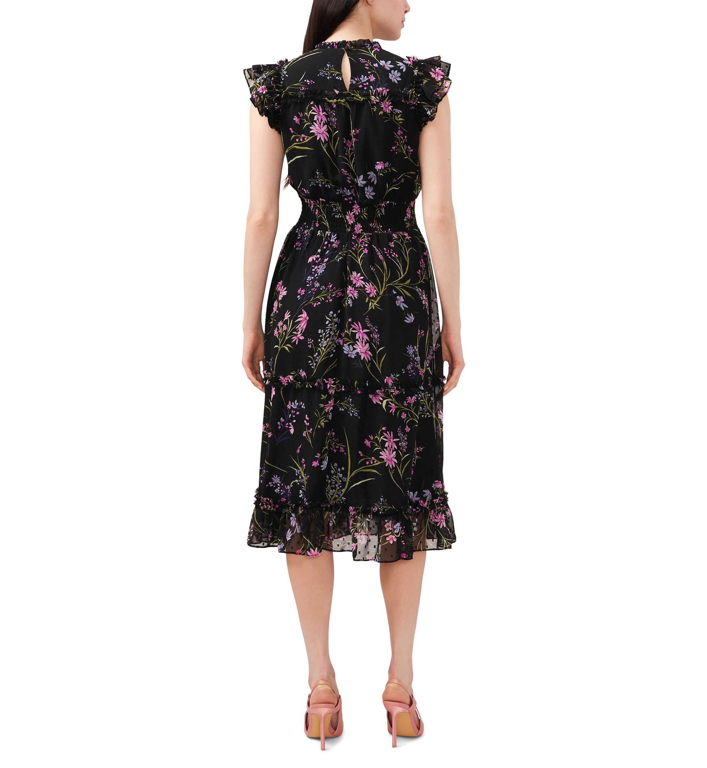 Petite Flutter Sleeve Floral Ruffle Neck Dress