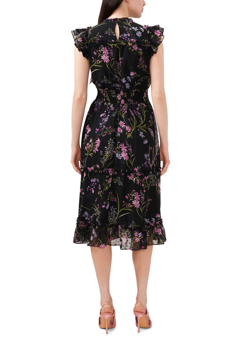 Petite Flutter Sleeve Floral Ruffle Neck Dress