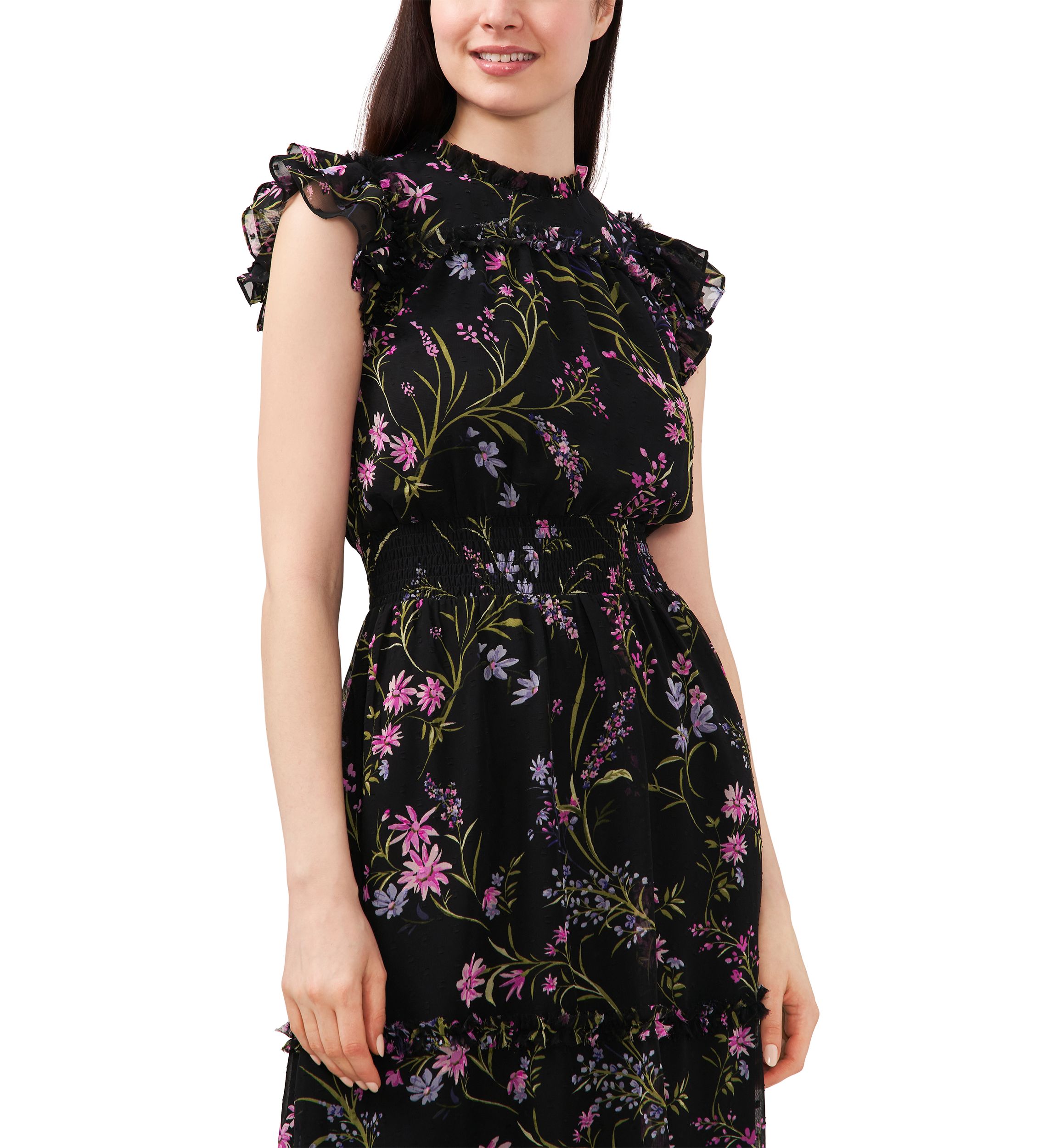 Petite Flutter Sleeve Floral Ruffle Neck Dress