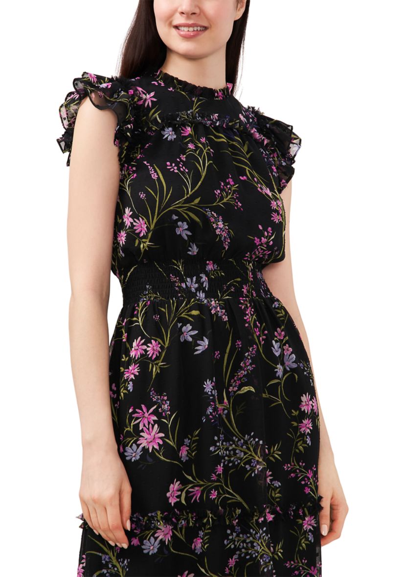 Petite Flutter Sleeve Floral Ruffle Neck Dress