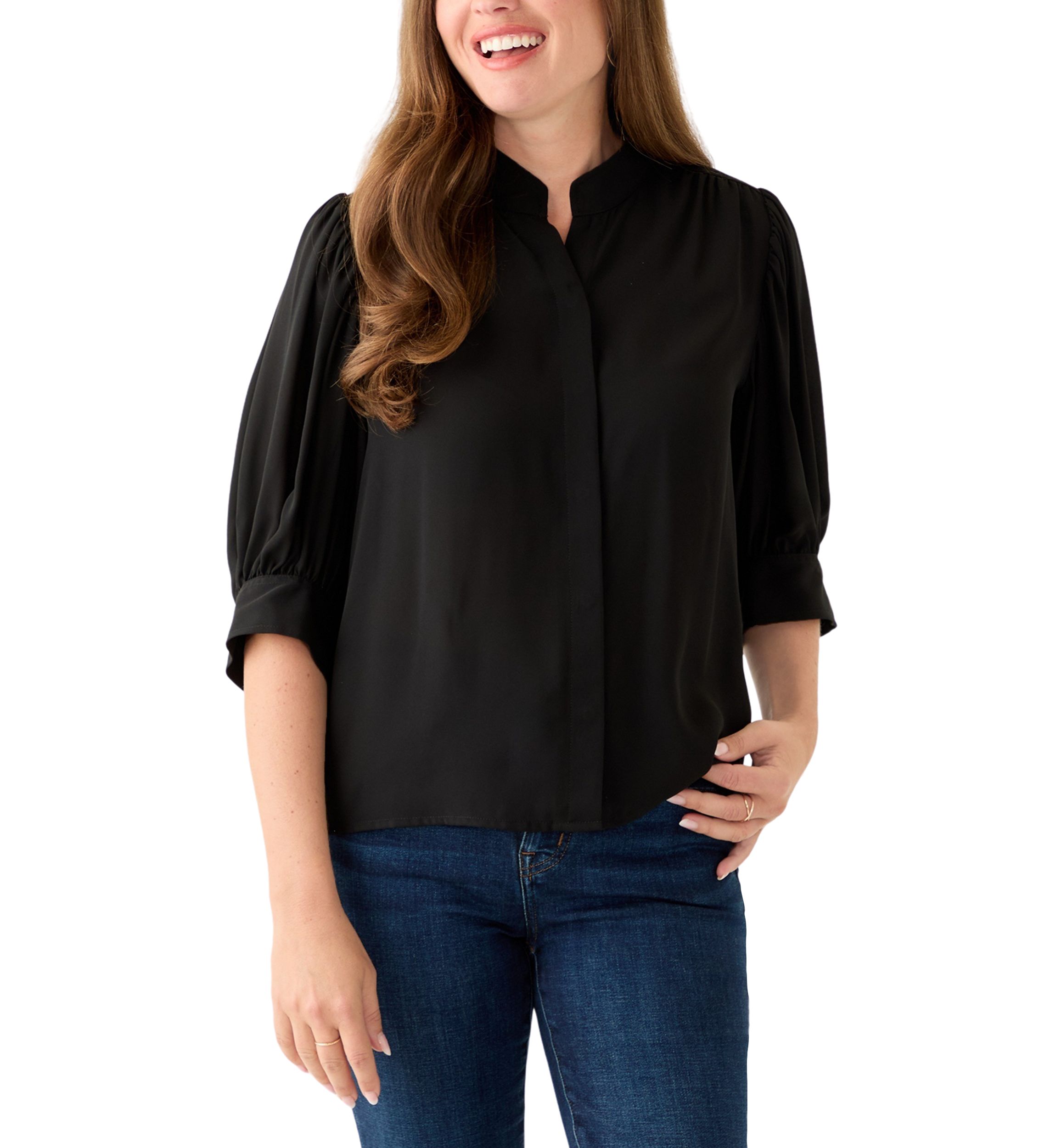 Petite 3/4 Sleeve New Ivory Button Down Top