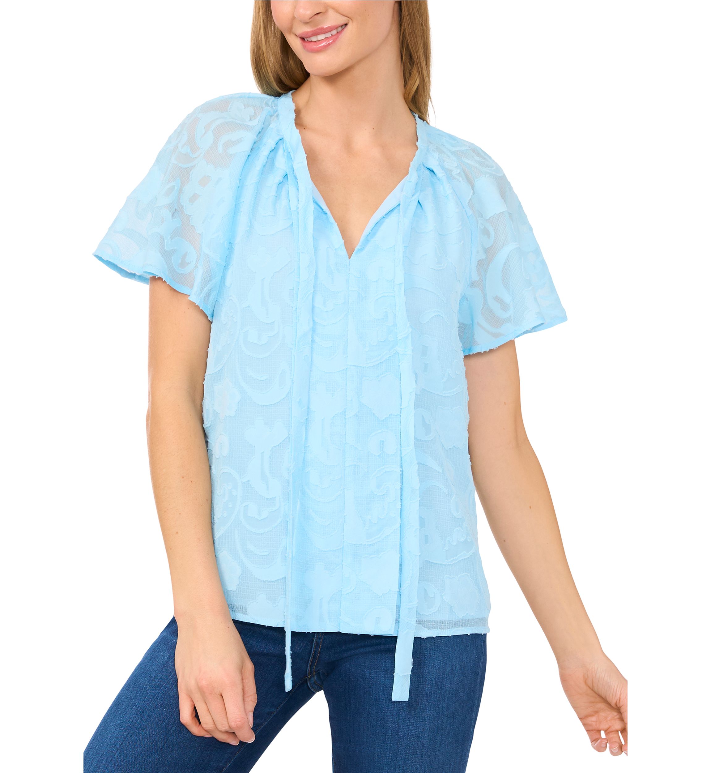 Petite Raglan Flutter Sleeve Pleated Bow Top