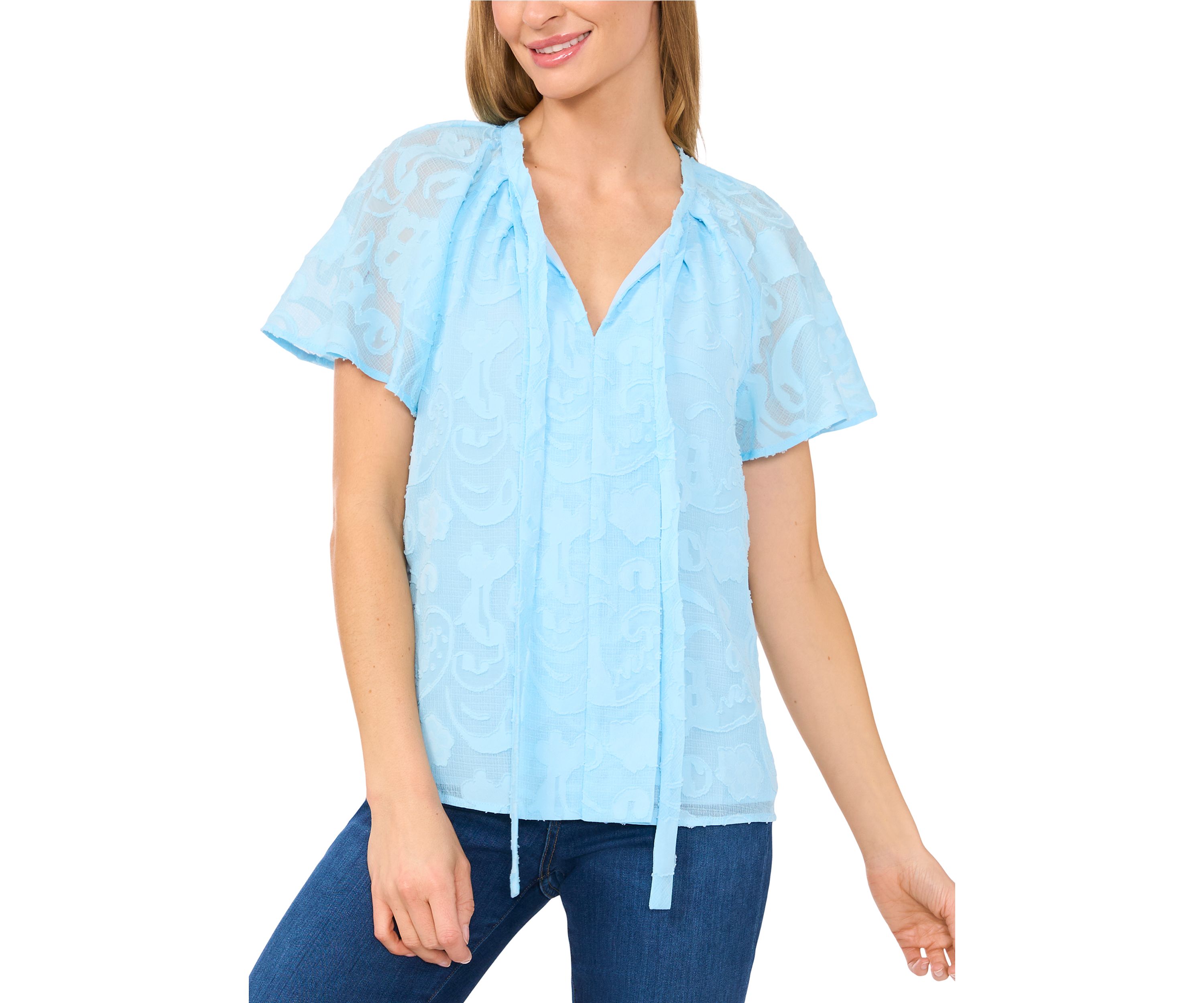 Petite Raglan Flutter Sleeve Pleated Bow Top