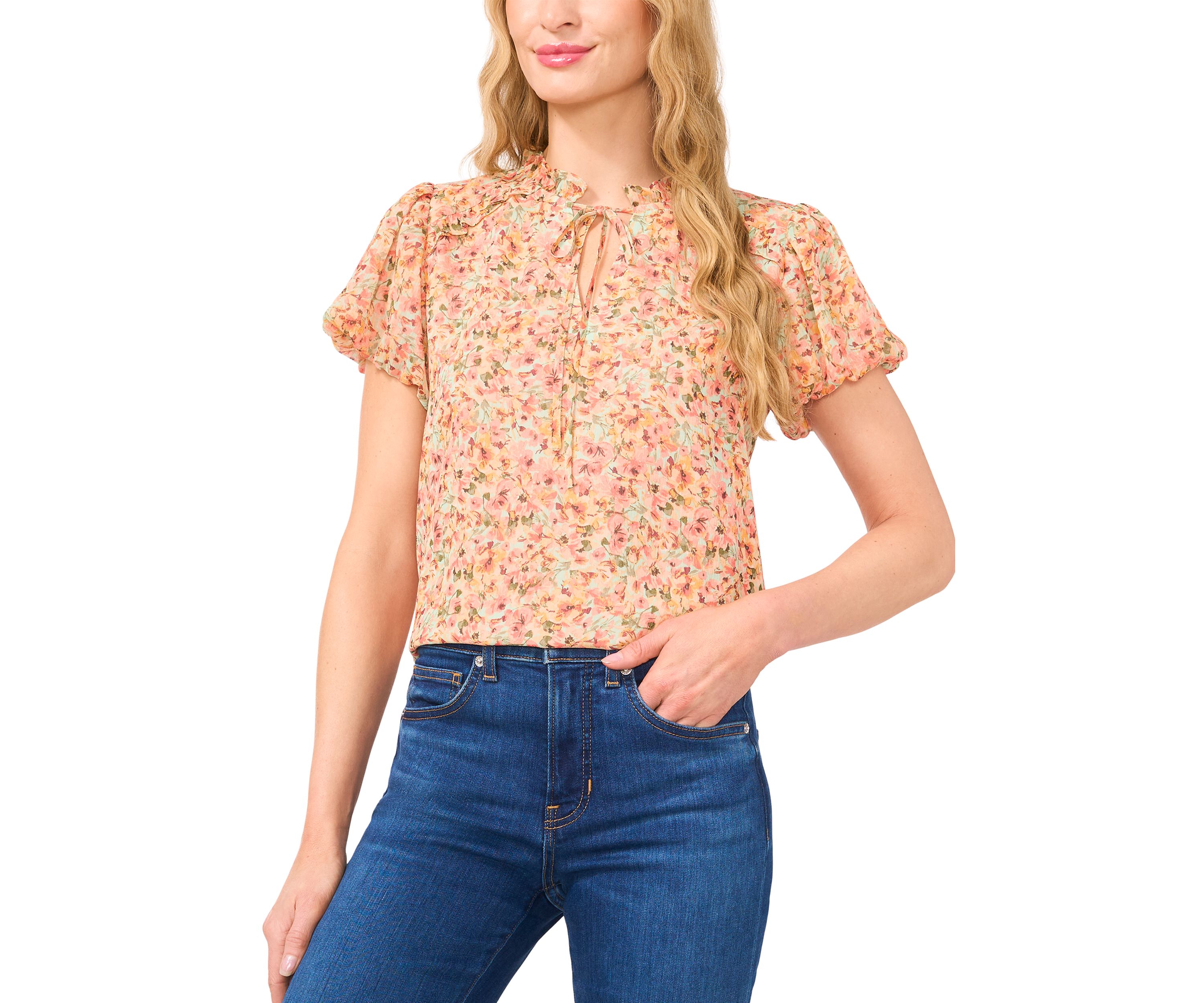 Petite Bubble Sleeve Split Neck Blouse