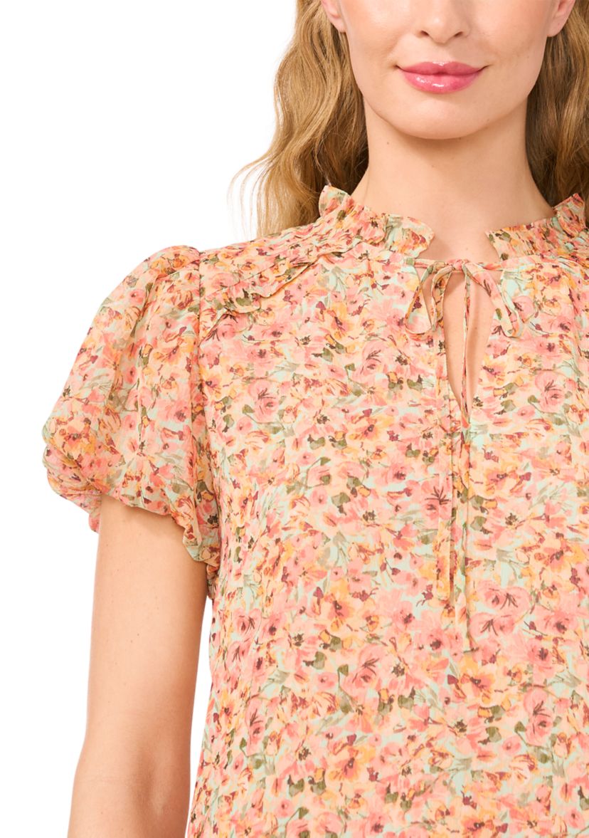 Petite Bubble Sleeve Split Neck Blouse
