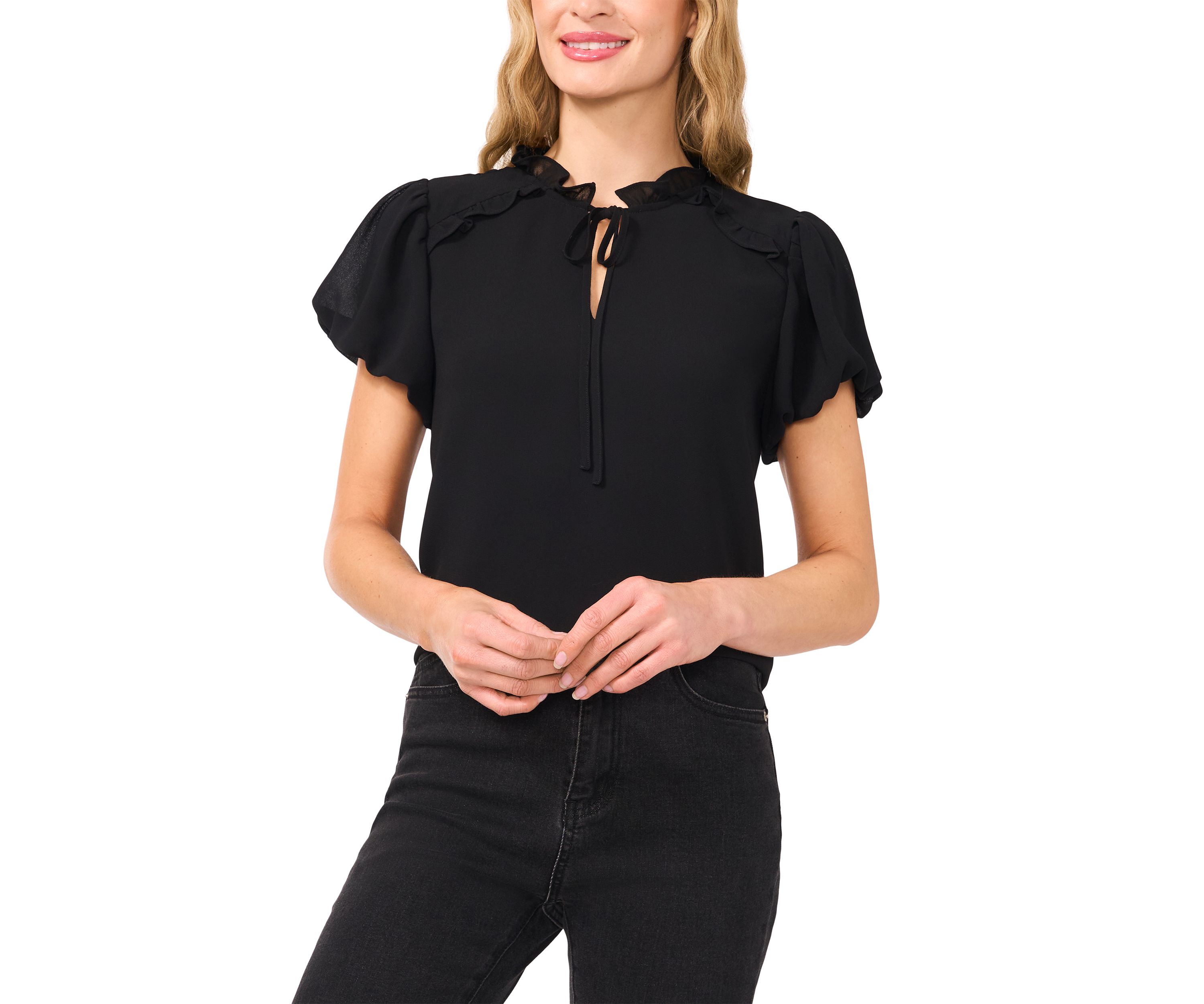 Petite Bubble Sleeve Tie Neck Blouse