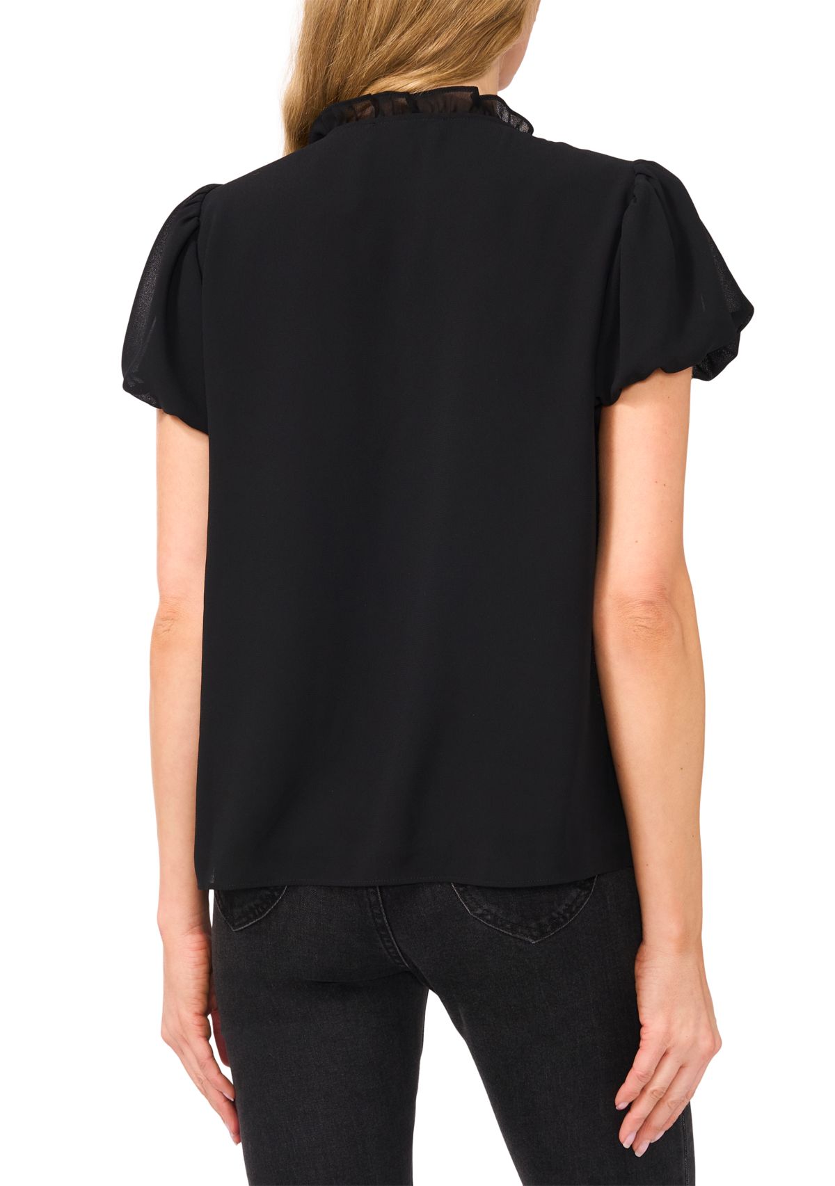 Petite Bubble Sleeve Tie Neck Blouse