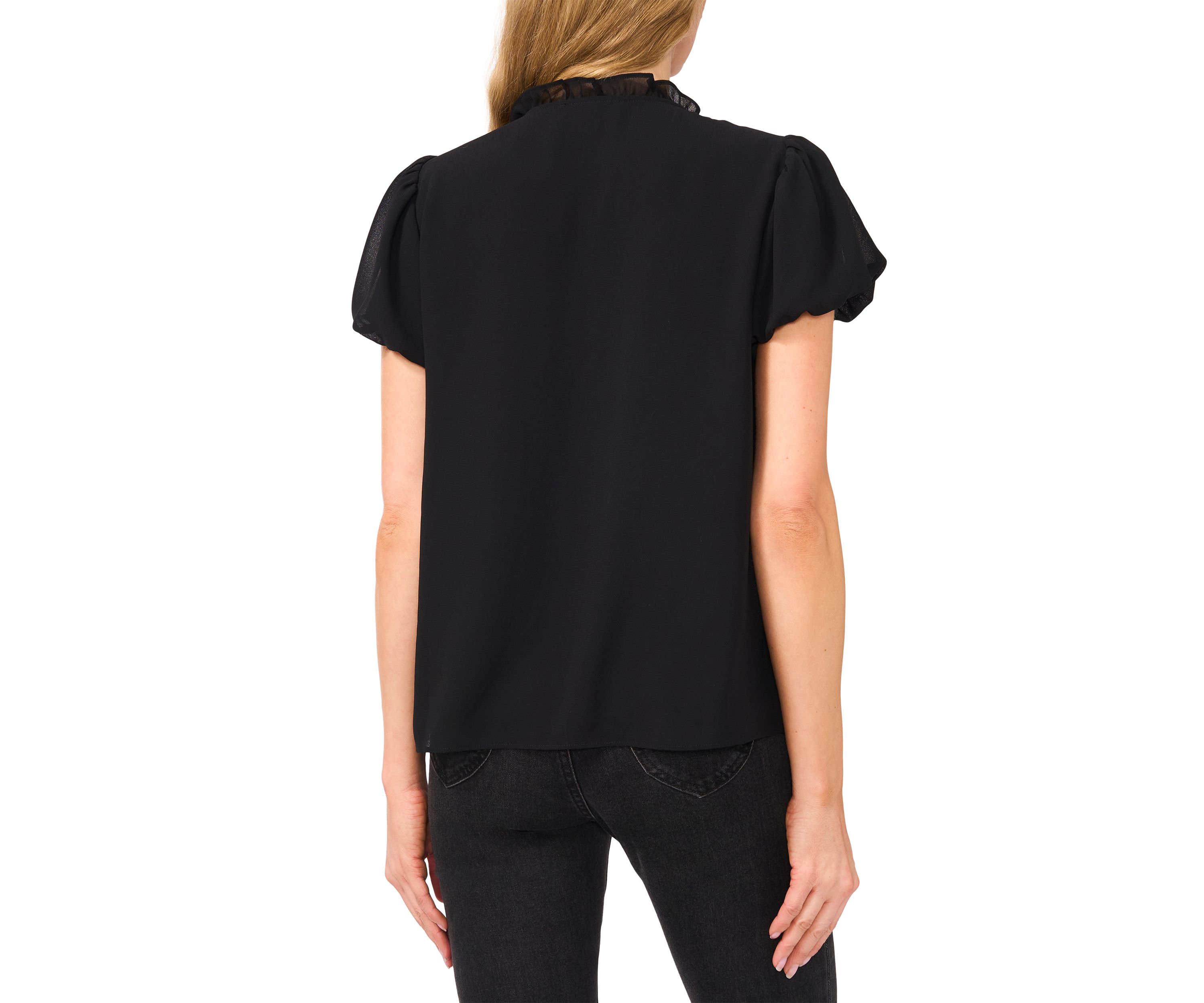 Petite Bubble Sleeve Tie Neck Blouse