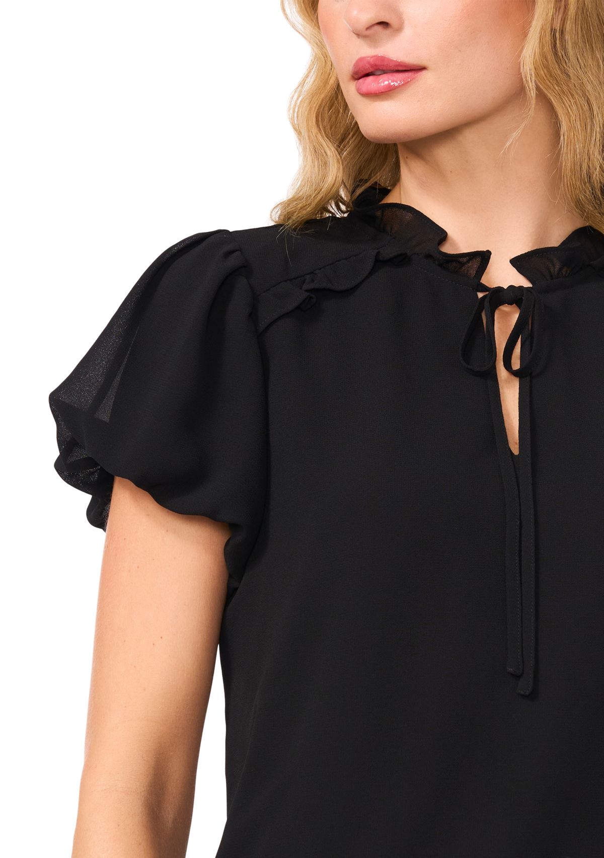 Petite Bubble Sleeve Tie Neck Blouse