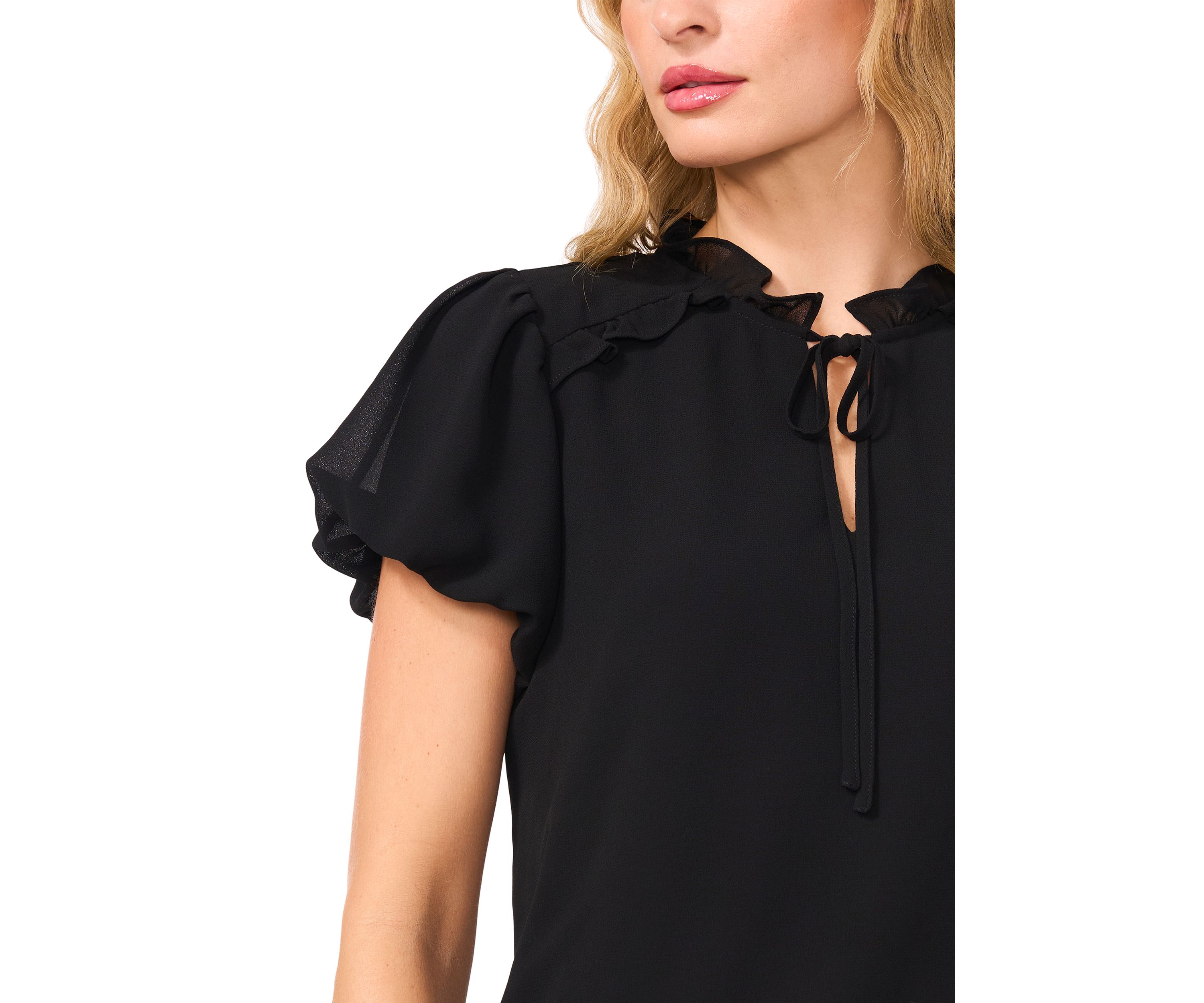 Petite Bubble Sleeve Tie Neck Blouse