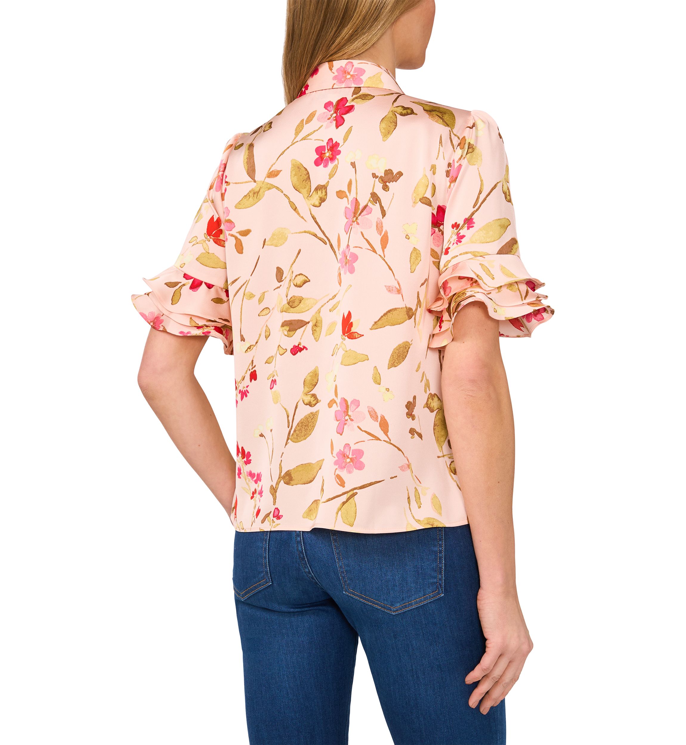 Petite Collared Button Up Blouse with Ruffles