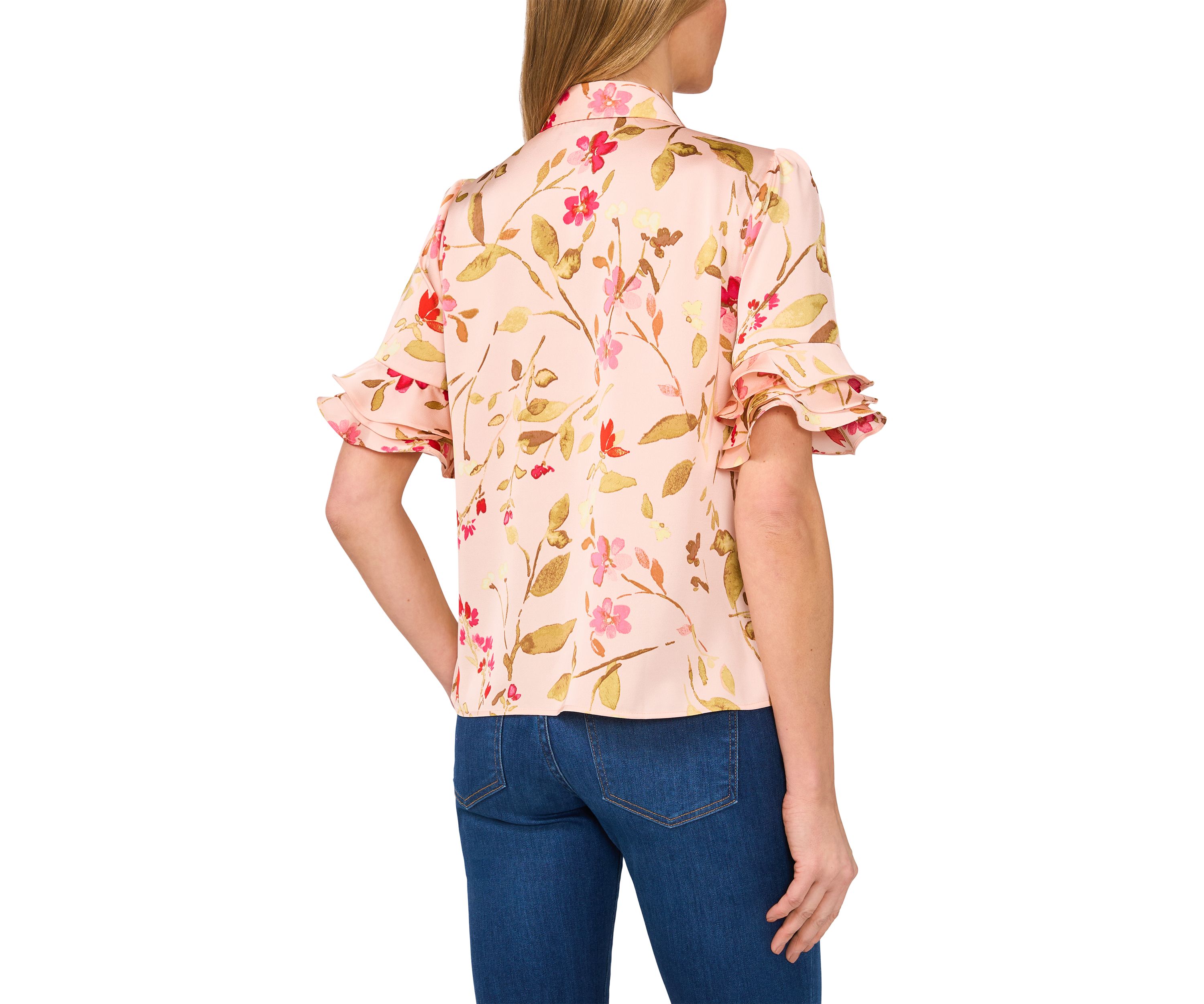 Petite Collared Button Up Blouse with Ruffles