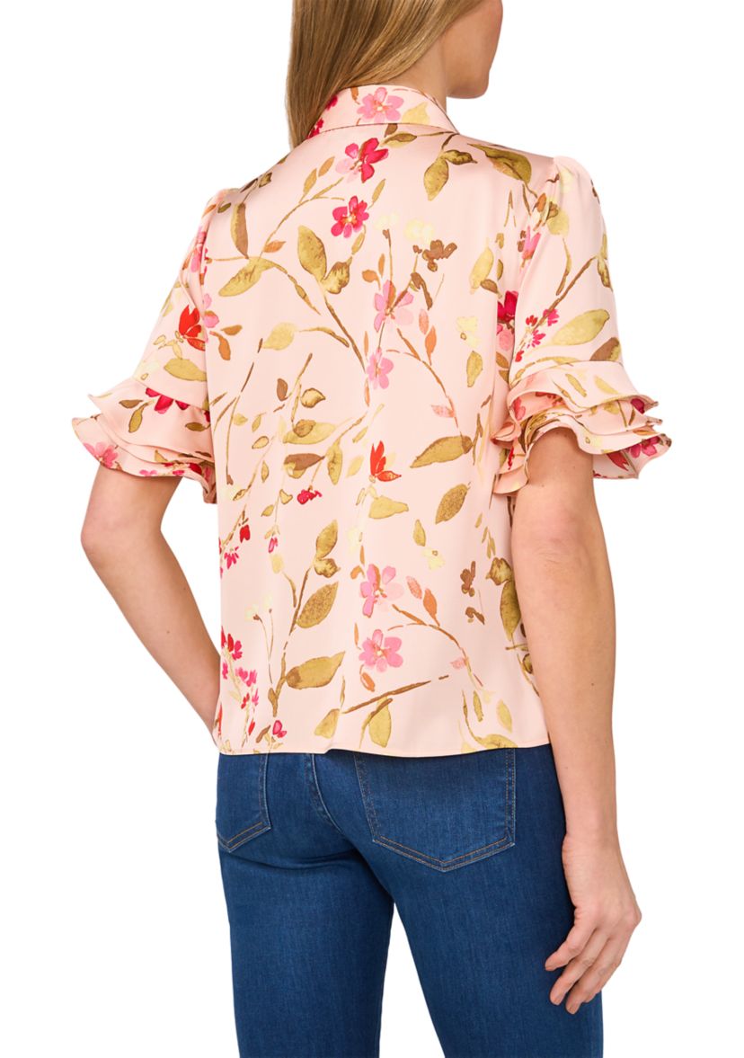 Petite Collared Button Up Blouse with Ruffles