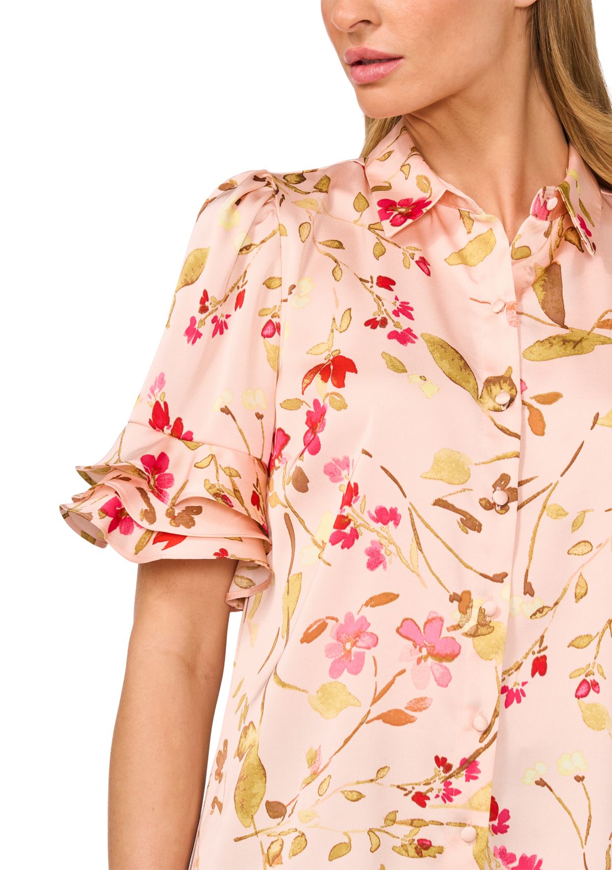 Petite Collared Button Up Blouse with Ruffles