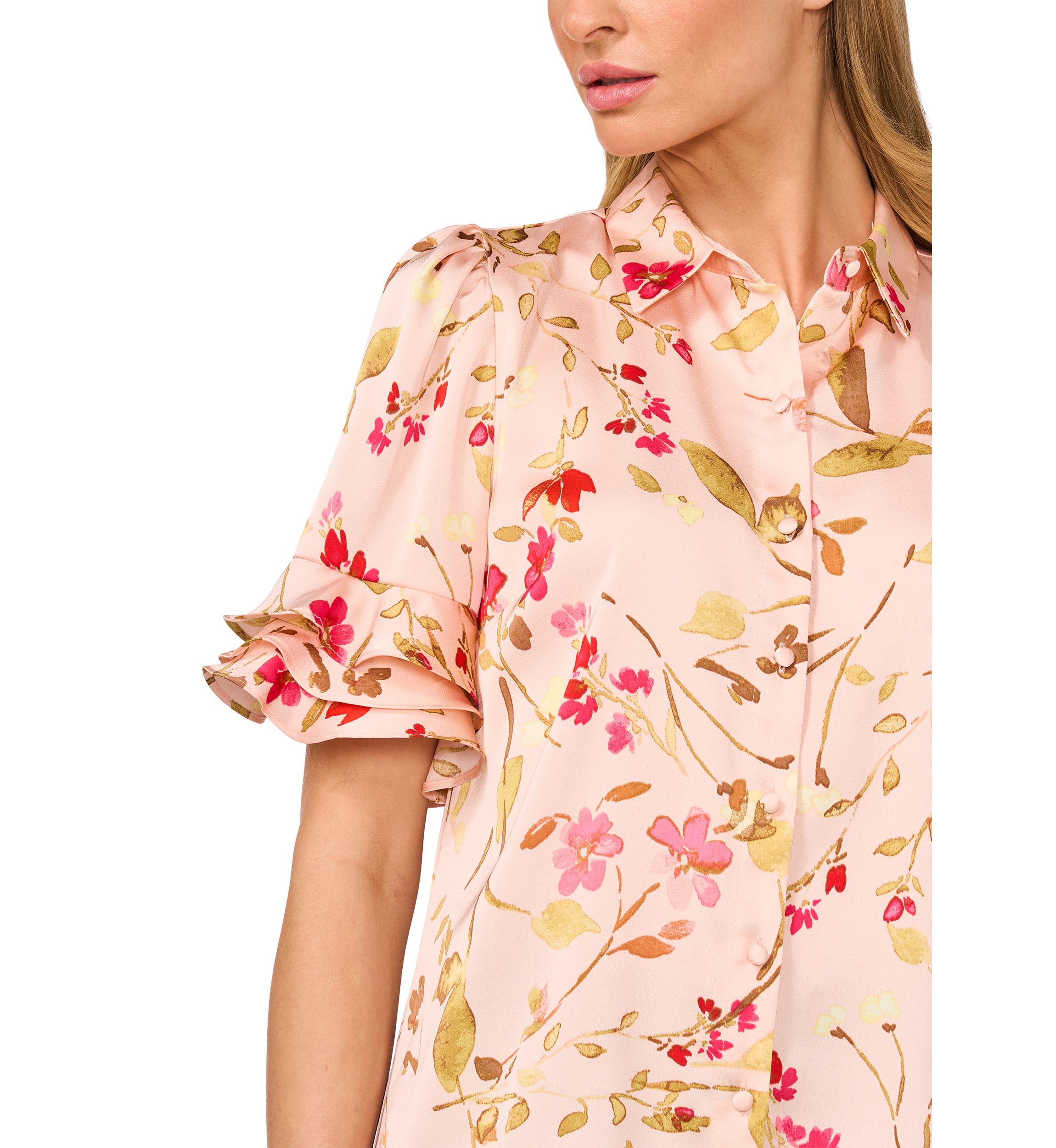 Petite Collared Button Up Blouse with Ruffles