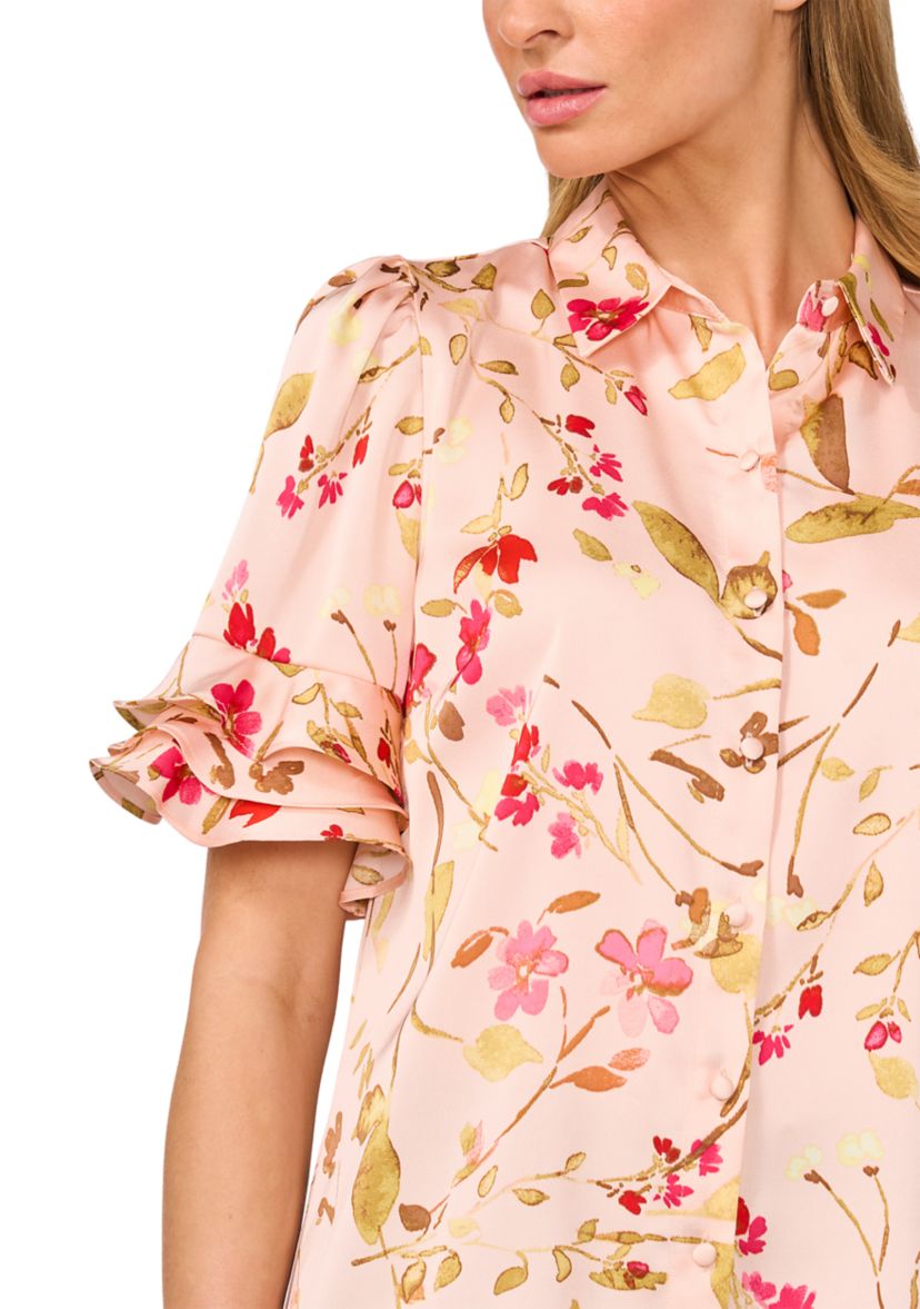 Petite Collared Button Up Blouse with Ruffles