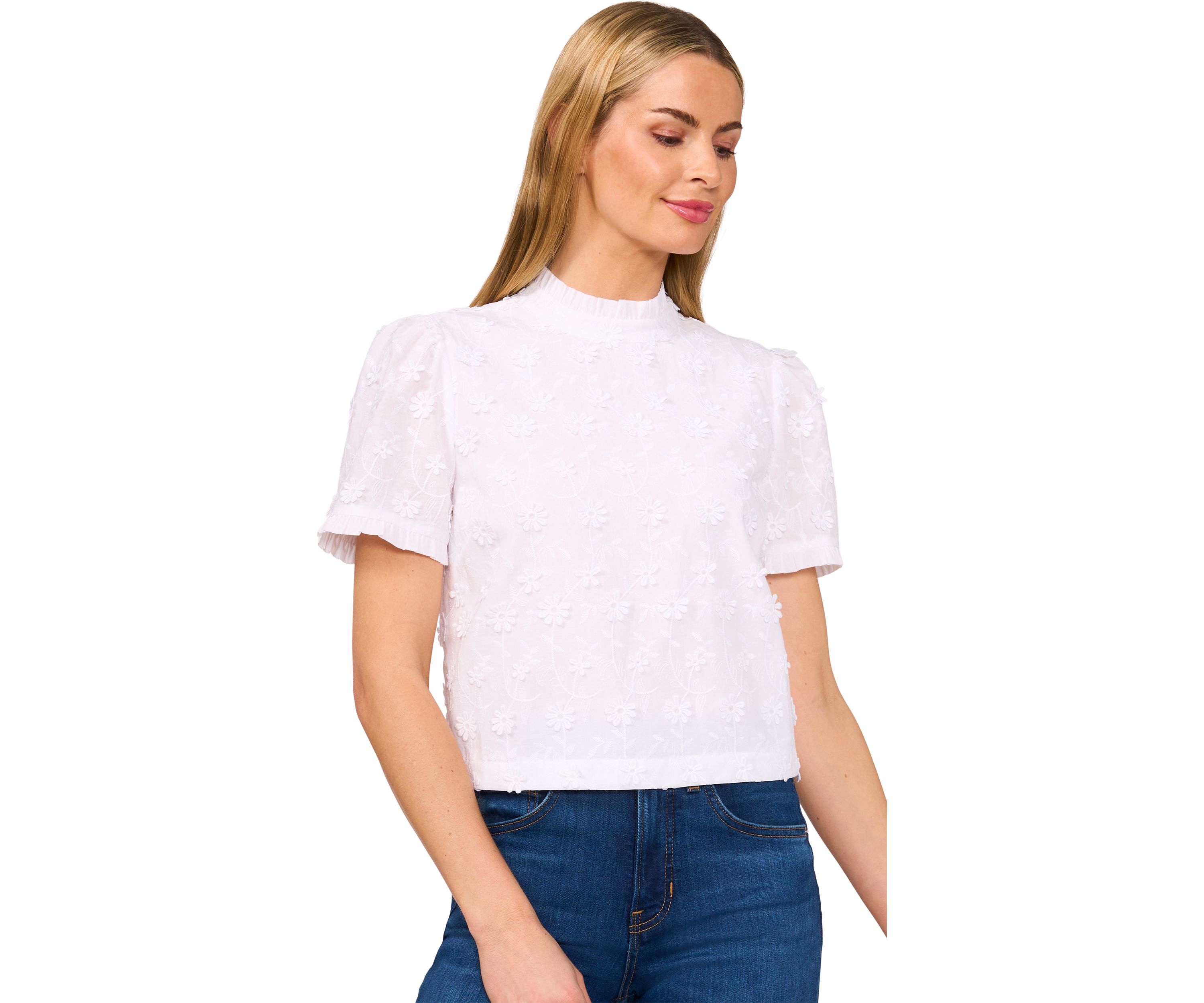 Petite Short Sleeve Ruffle Trim Mock Neck Top