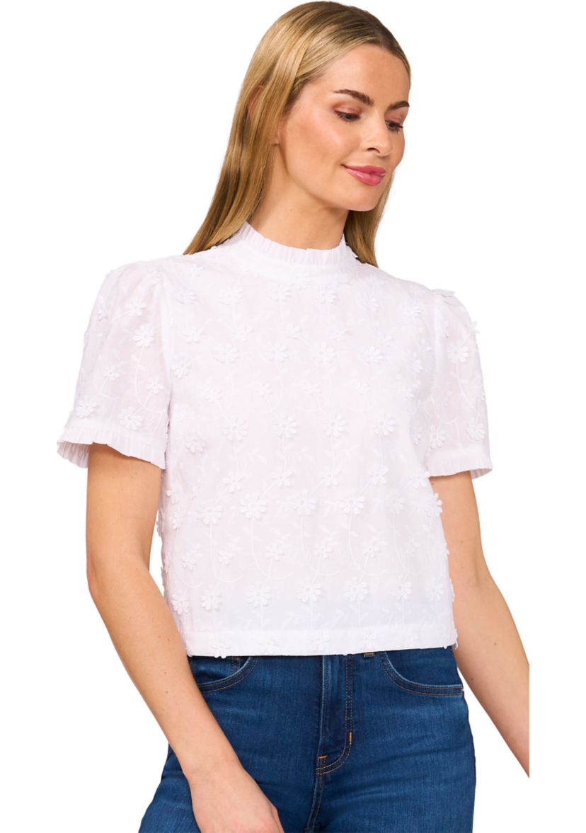 Petite Short Sleeve Ruffle Trim Mock Neck Top