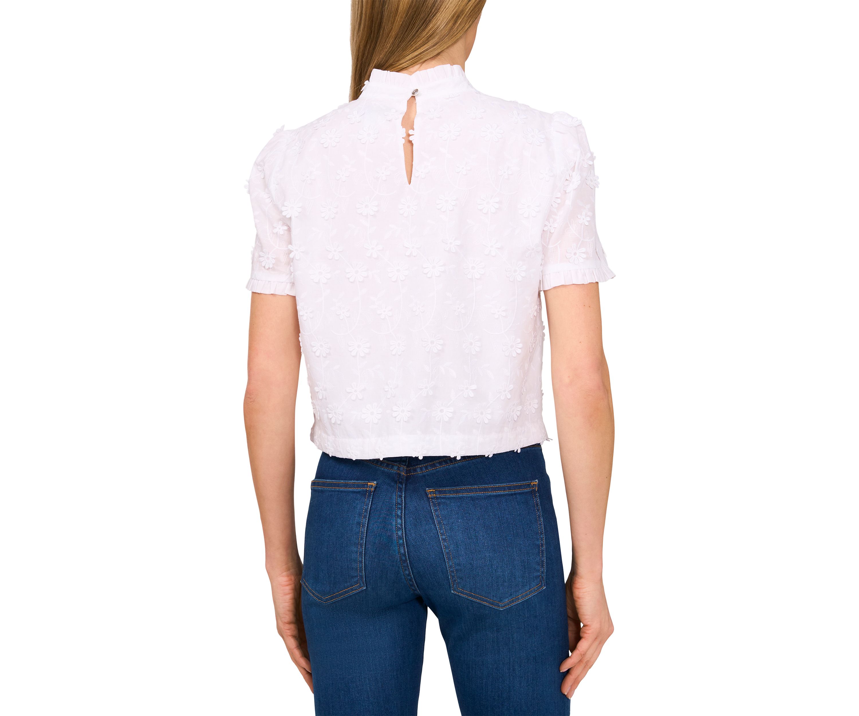 Petite Short Sleeve Ruffle Trim Mock Neck Top
