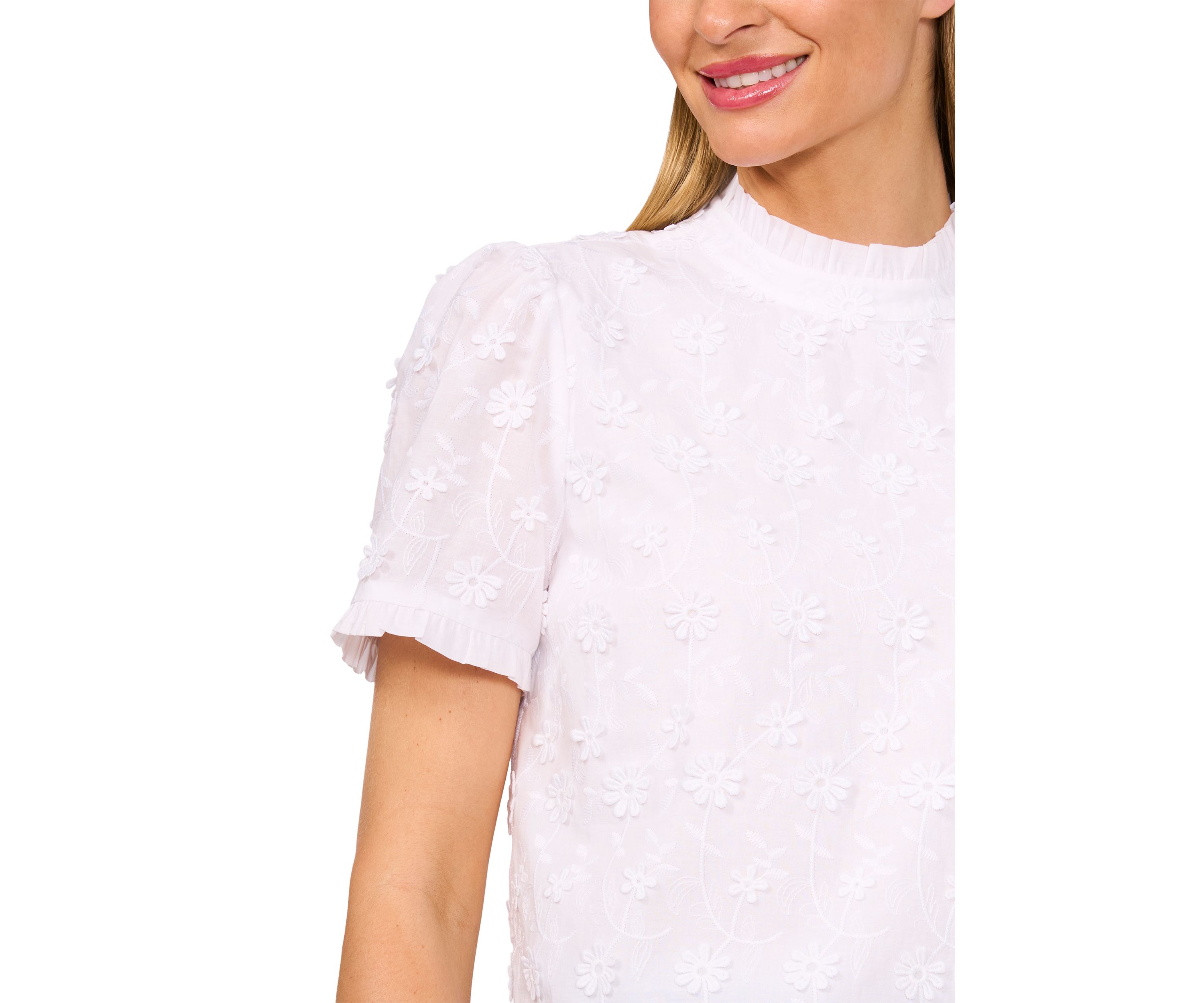 Petite Short Sleeve Ruffle Trim Mock Neck Top