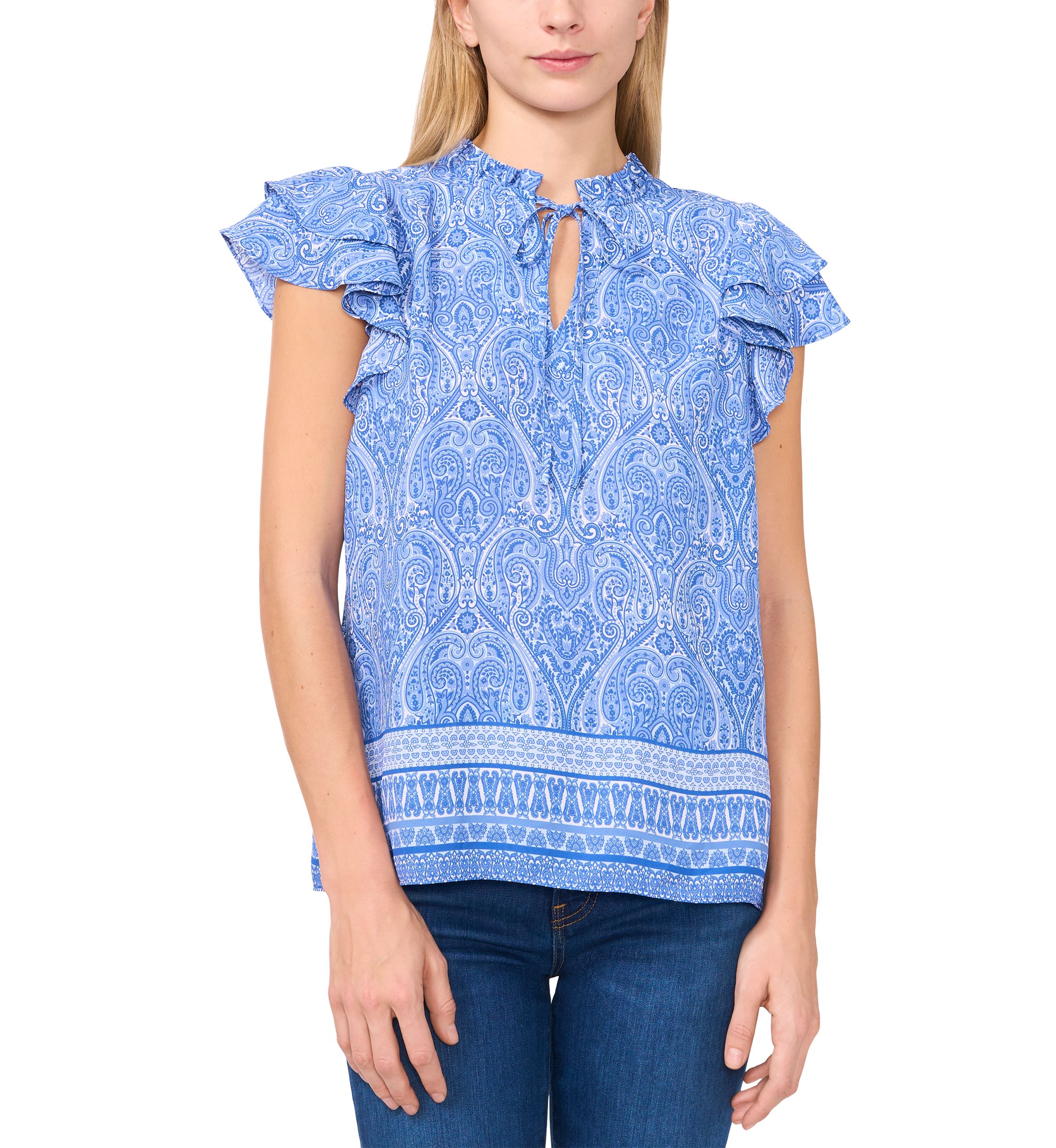 Petite Border Printed Flutter Sleeve Top