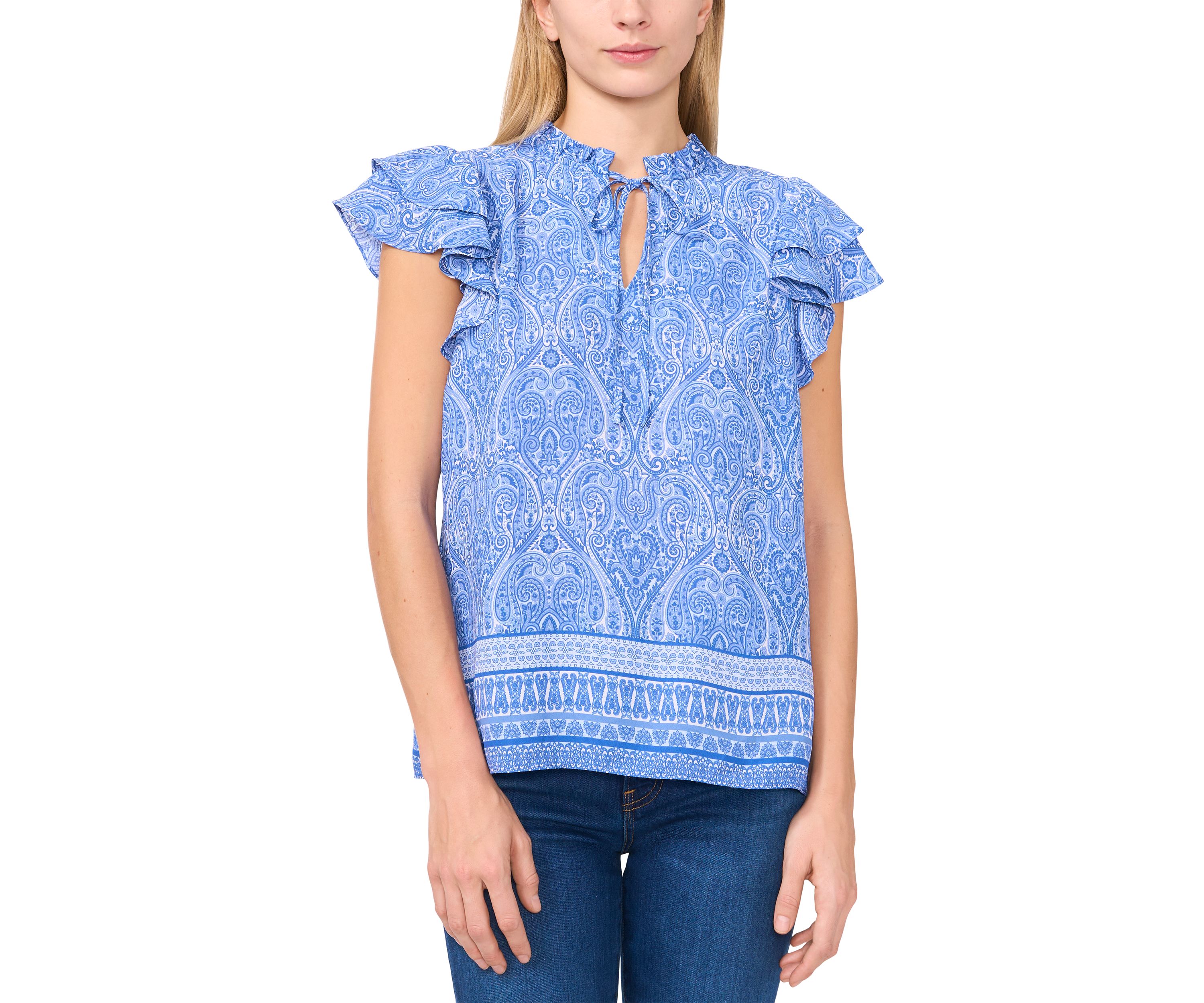Petite Border Printed Flutter Sleeve Top