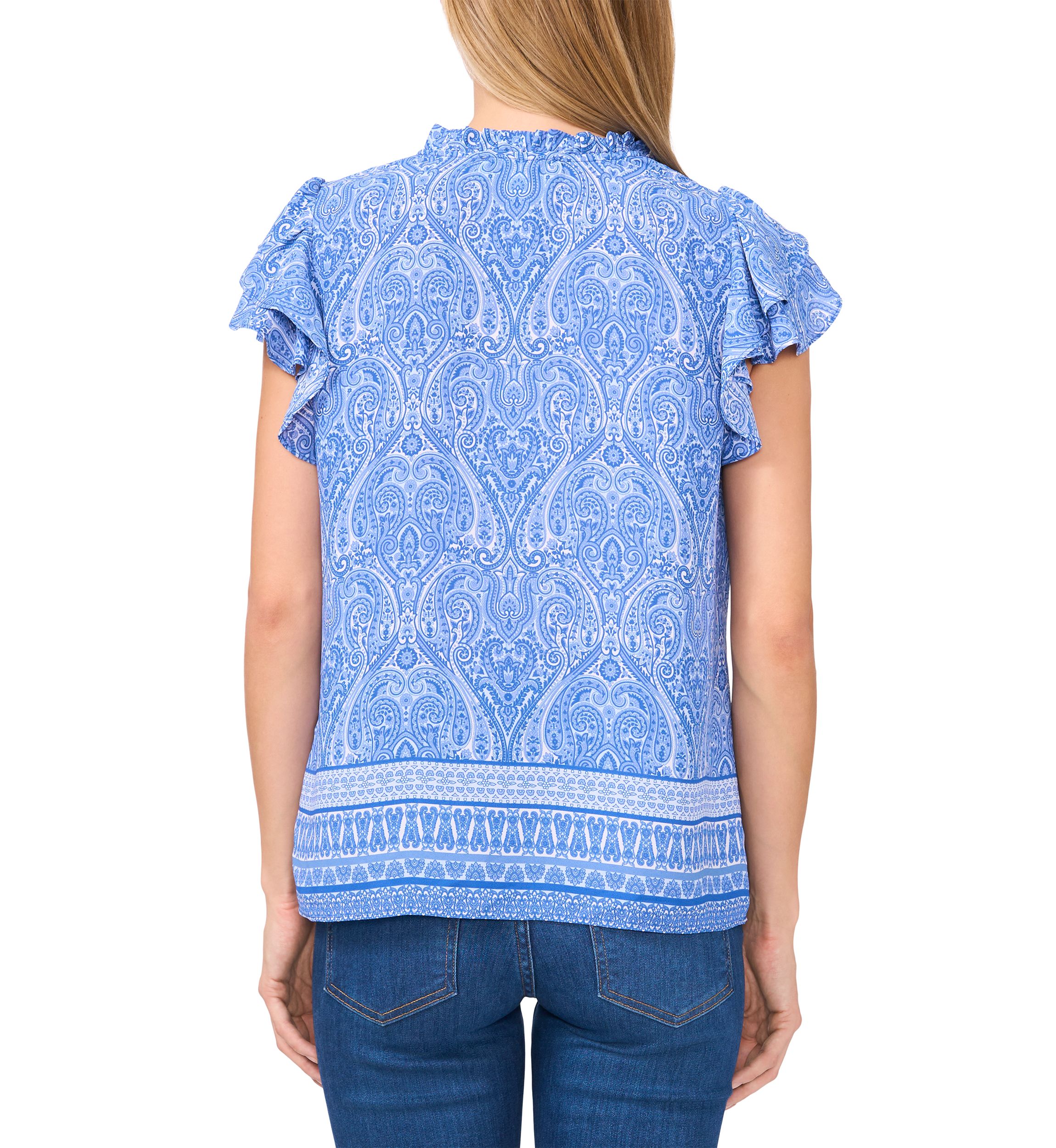 Petite Border Printed Flutter Sleeve Top