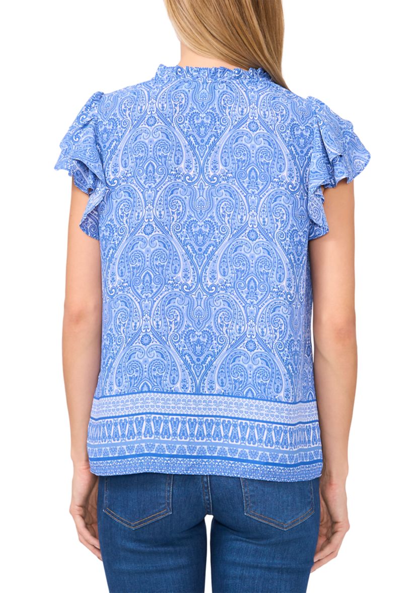 Petite Border Printed Flutter Sleeve Top