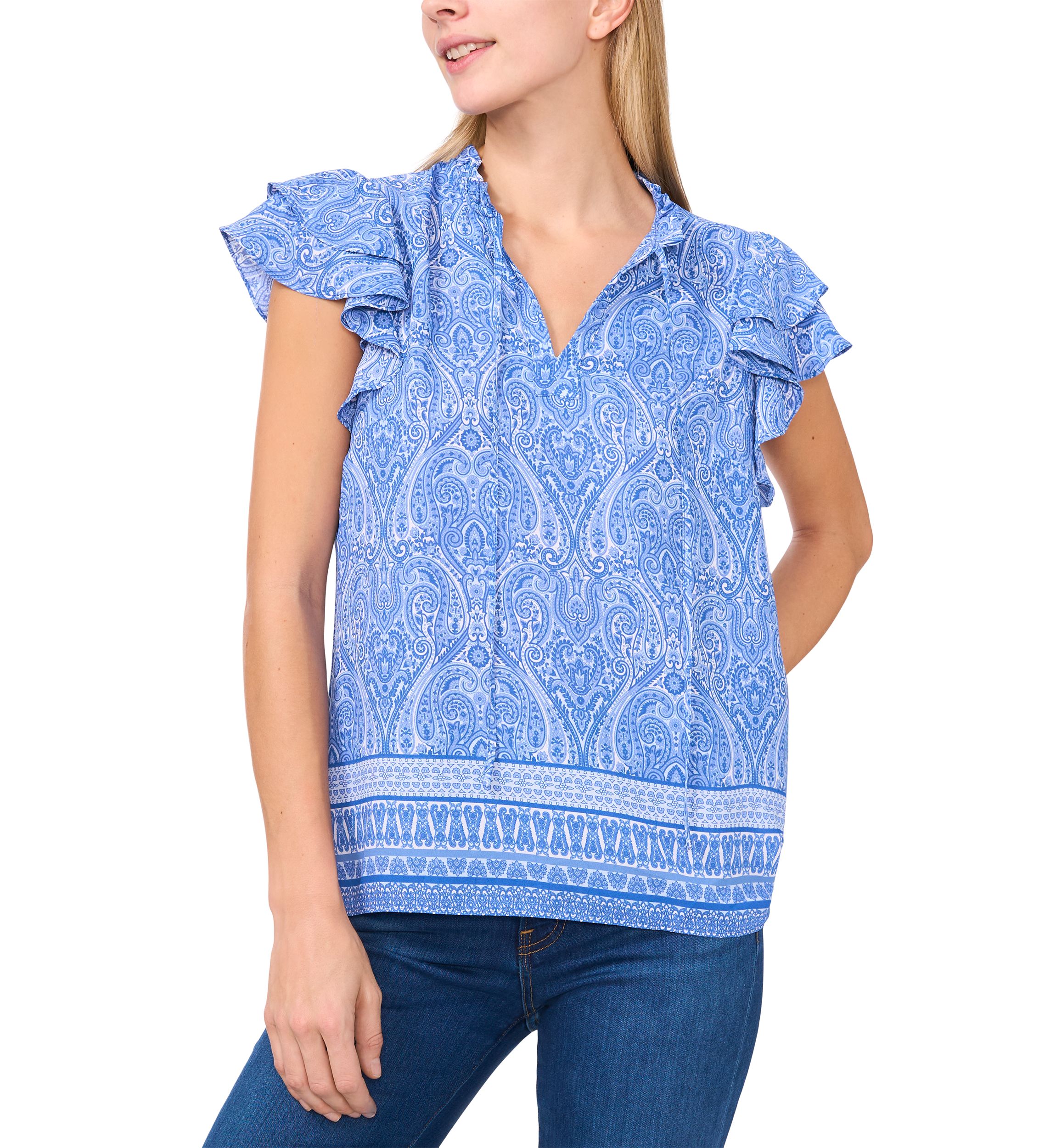Petite Border Printed Flutter Sleeve Top