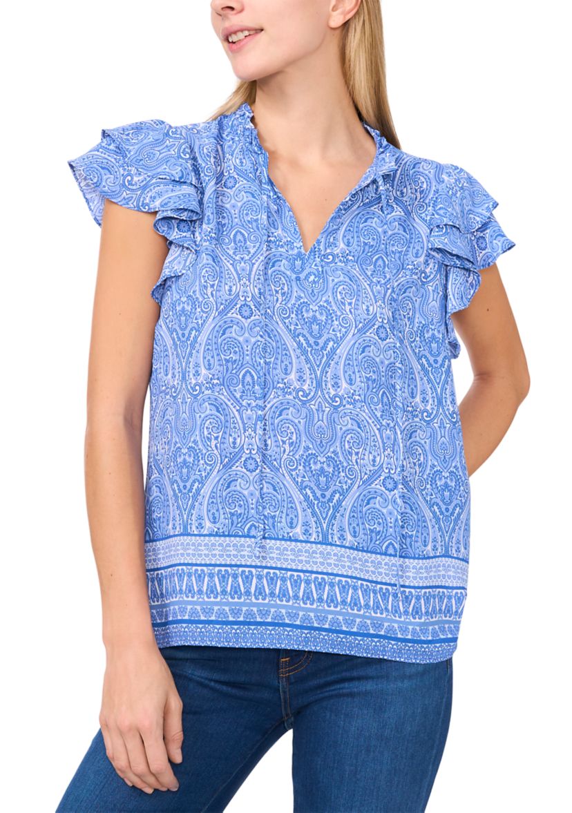 Petite Border Printed Flutter Sleeve Top