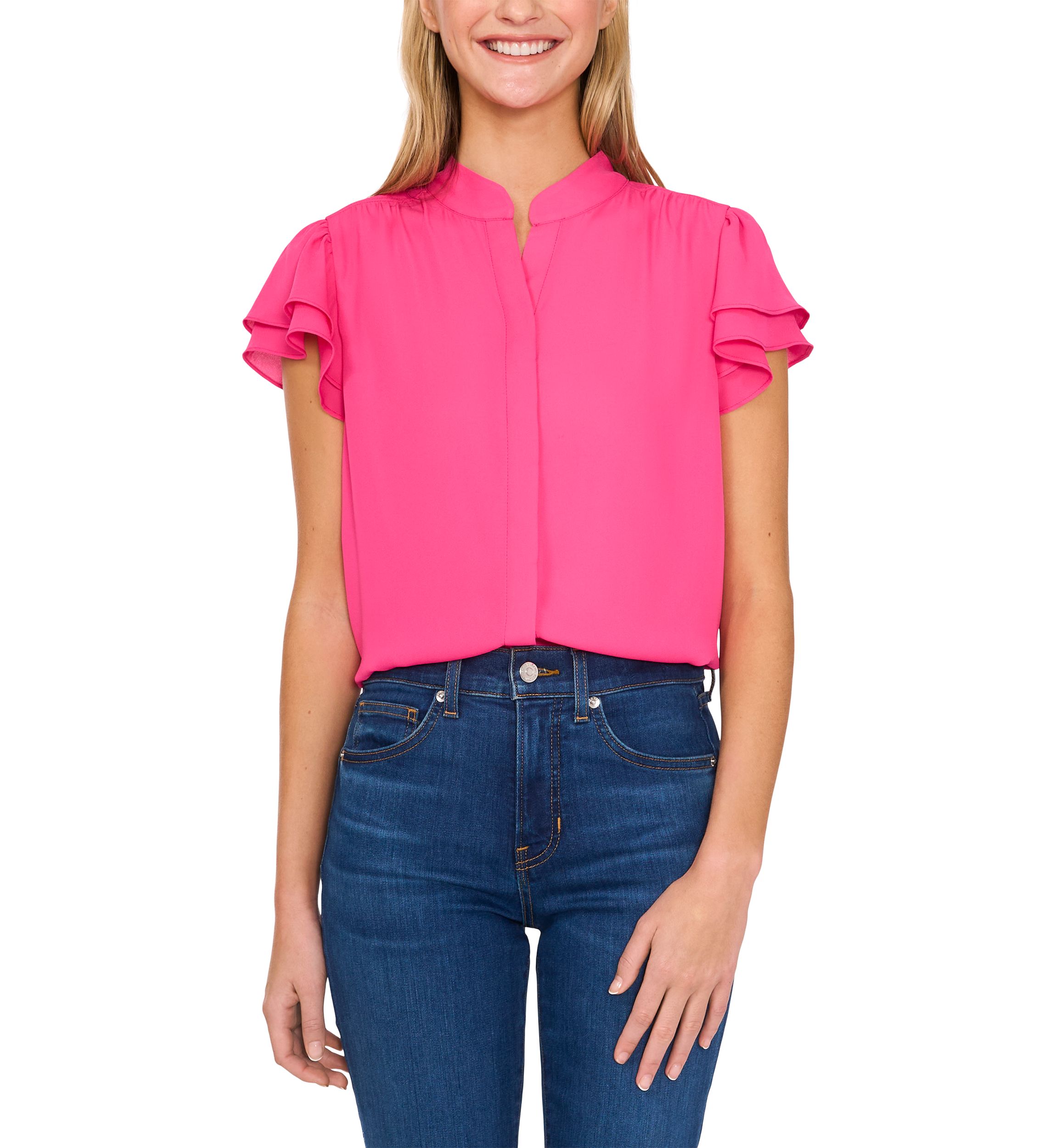 Petite Short Sleeve Button Down Blouse