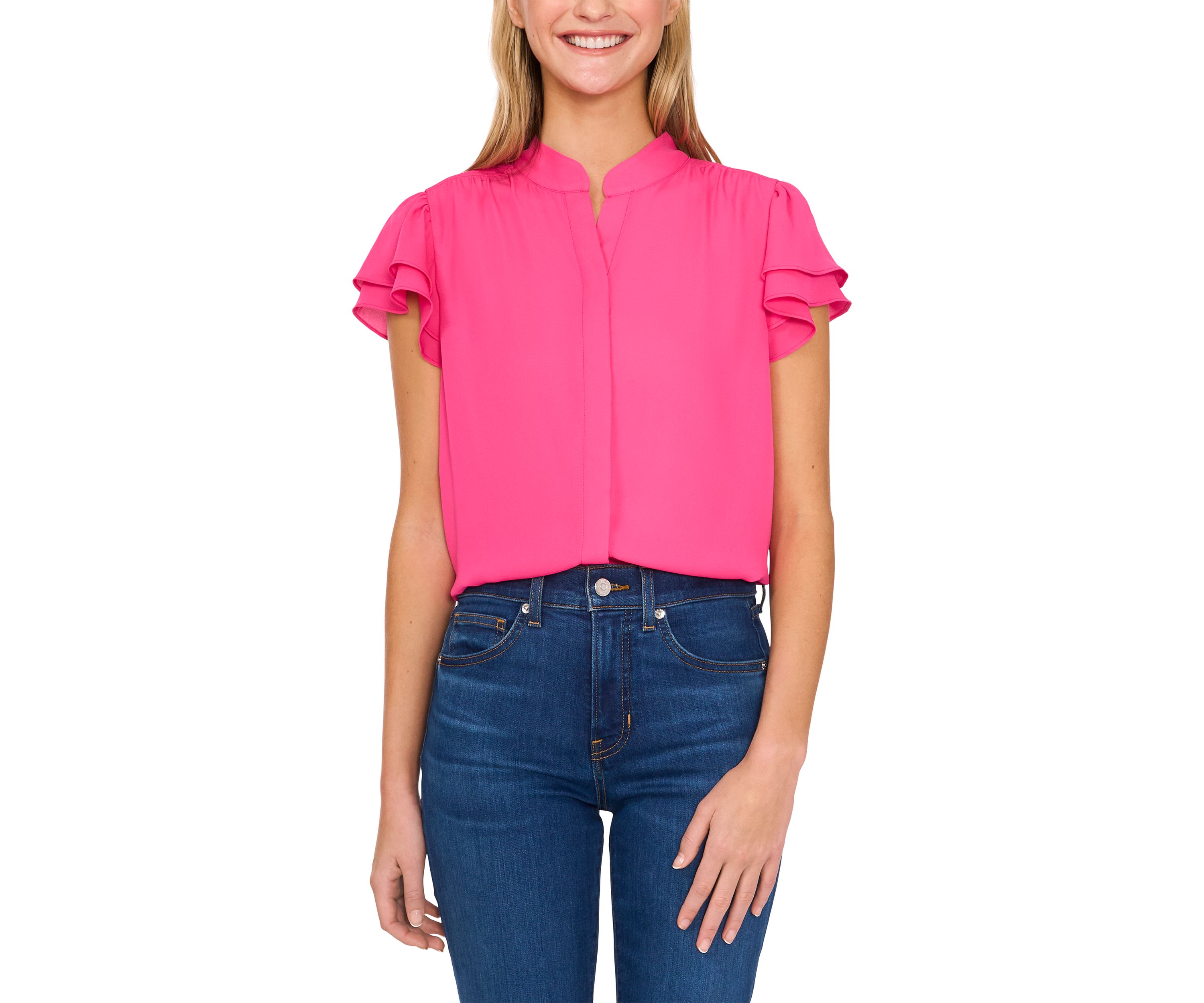 Petite Short Sleeve Button Down Blouse