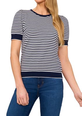 CeCe Women's Petite Puff Sleeve Striped Sweater, Navy Blue, PXL