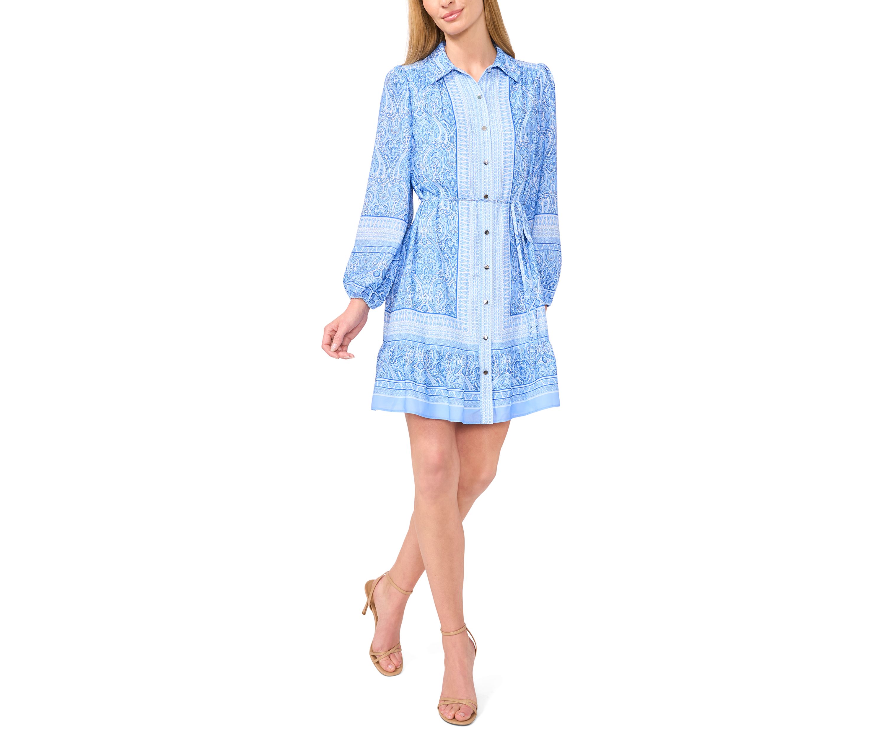 Petite Long Sleeve Tie Waist Shirt Dress with Buttons