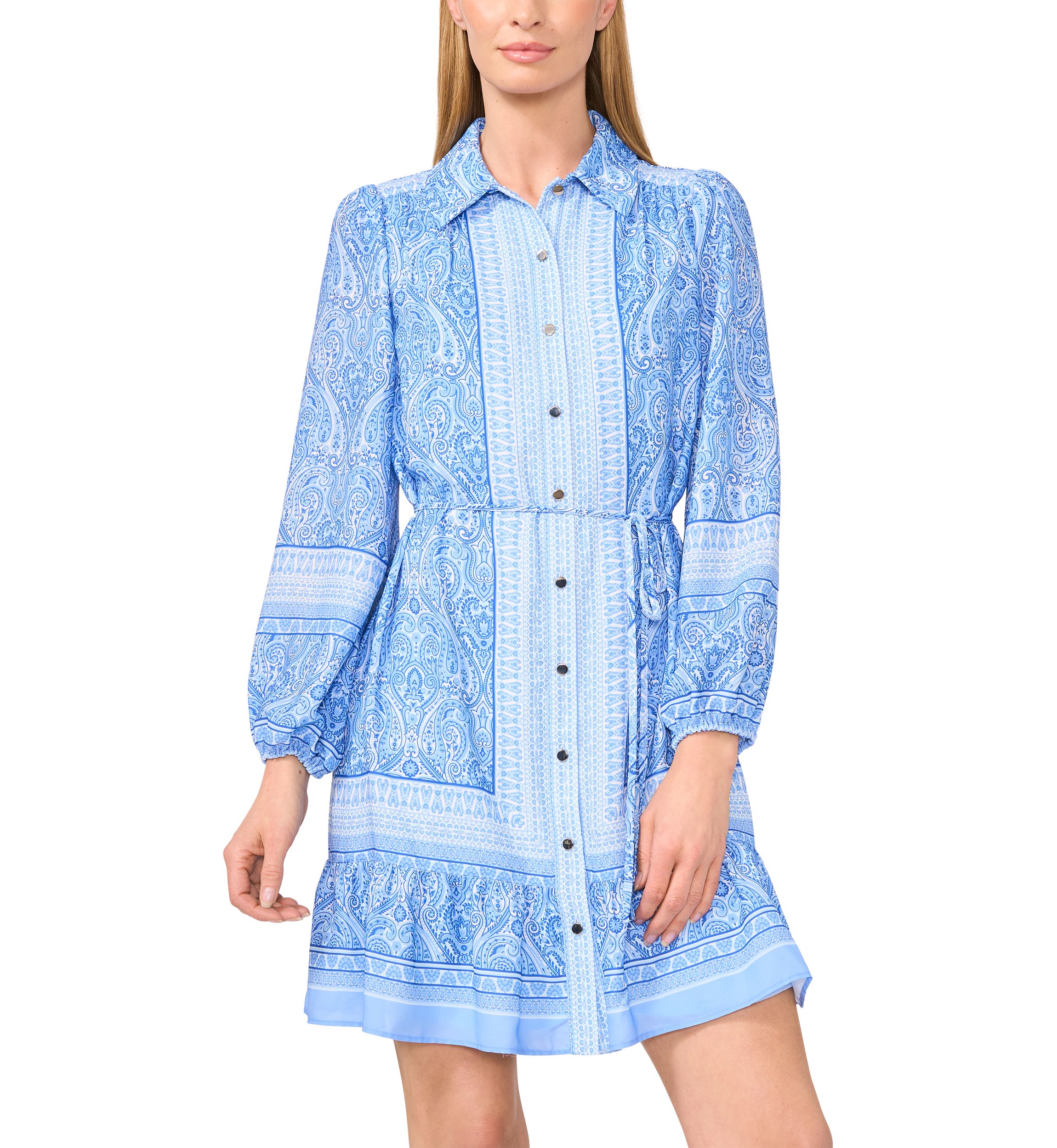 Petite Long Sleeve Tie Waist Shirt Dress with Buttons