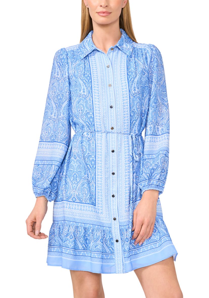 Petite Long Sleeve Tie Waist Shirt Dress with Buttons