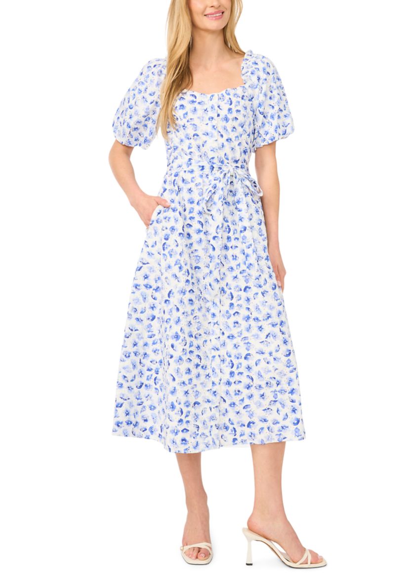 CeCe Women's Petite Puff Sleeve Sweetheart Dress, Blue, PXL, Cotton