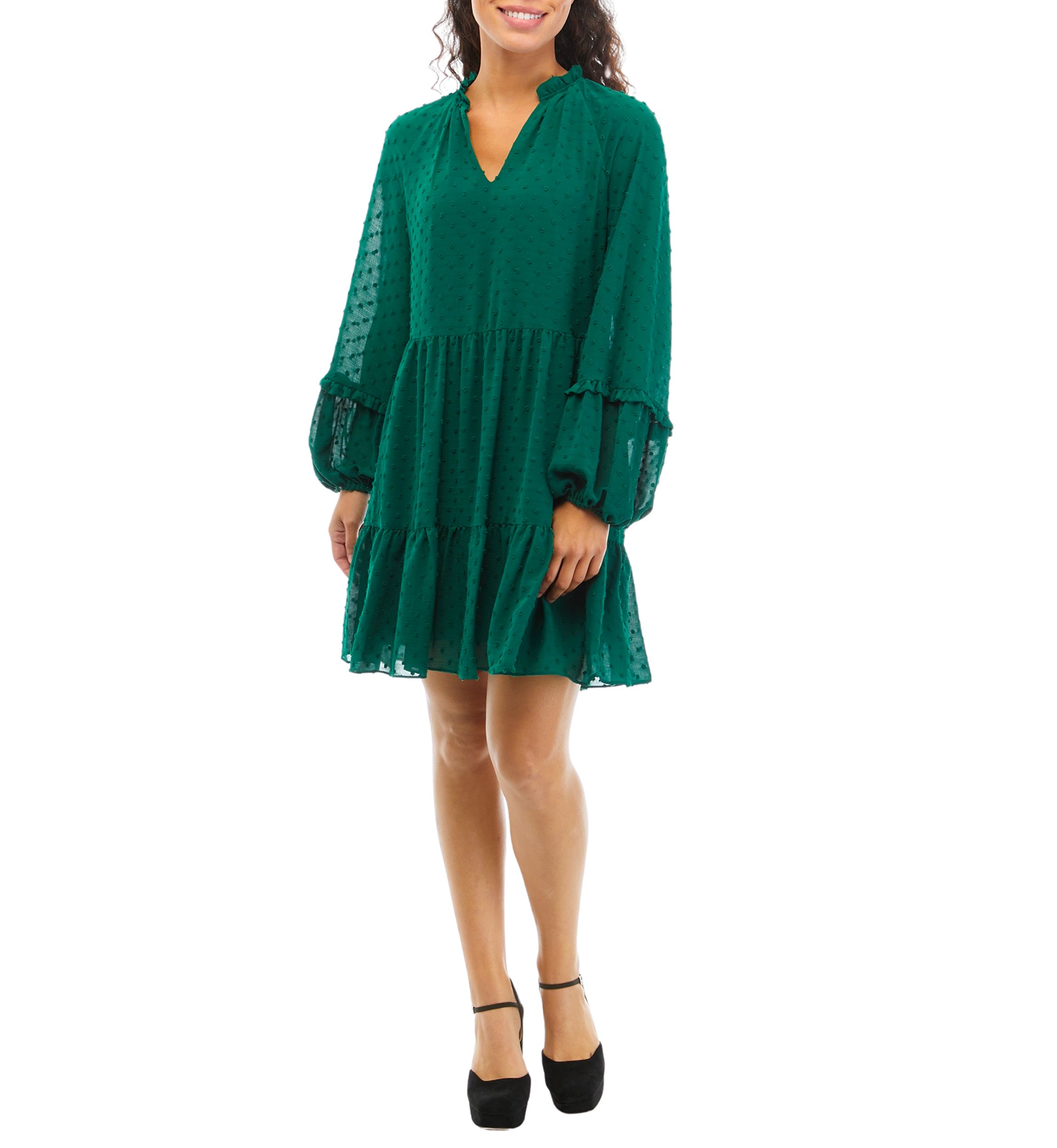 Petite Long Sleeve Split Neck Babydoll Dress