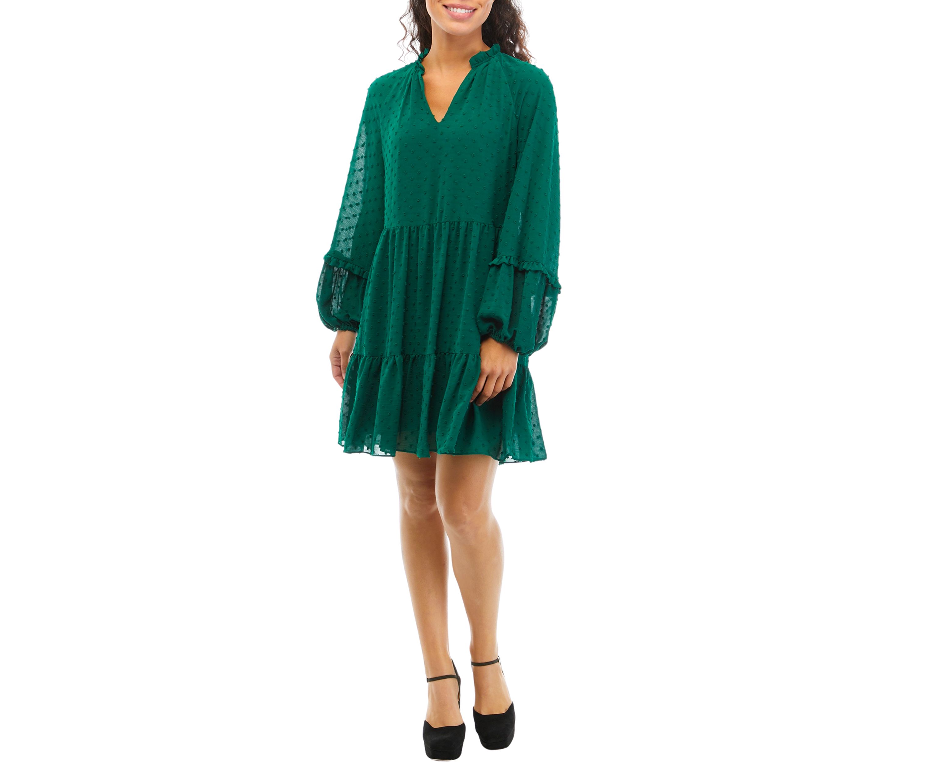 Petite Long Sleeve Split Neck Babydoll Dress
