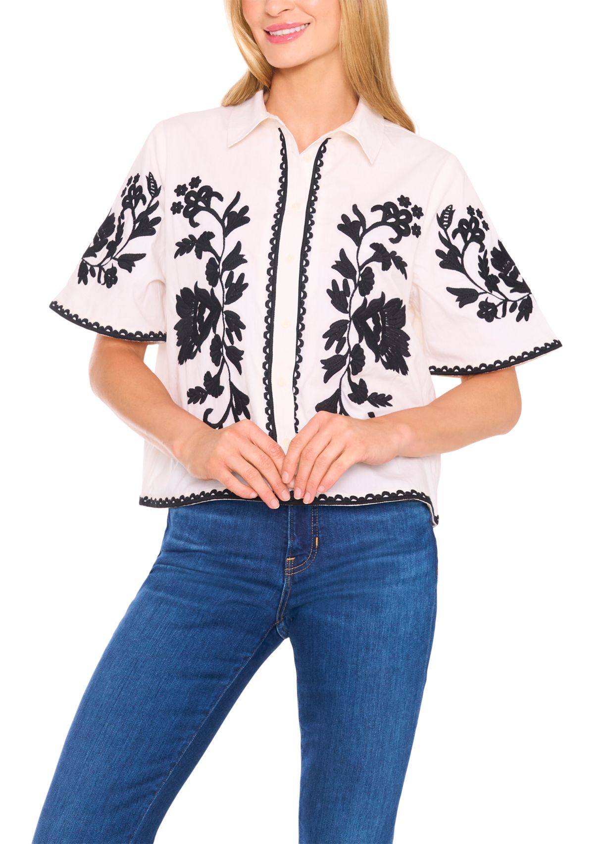Petite Relaxed Floral Embroidered Blouse